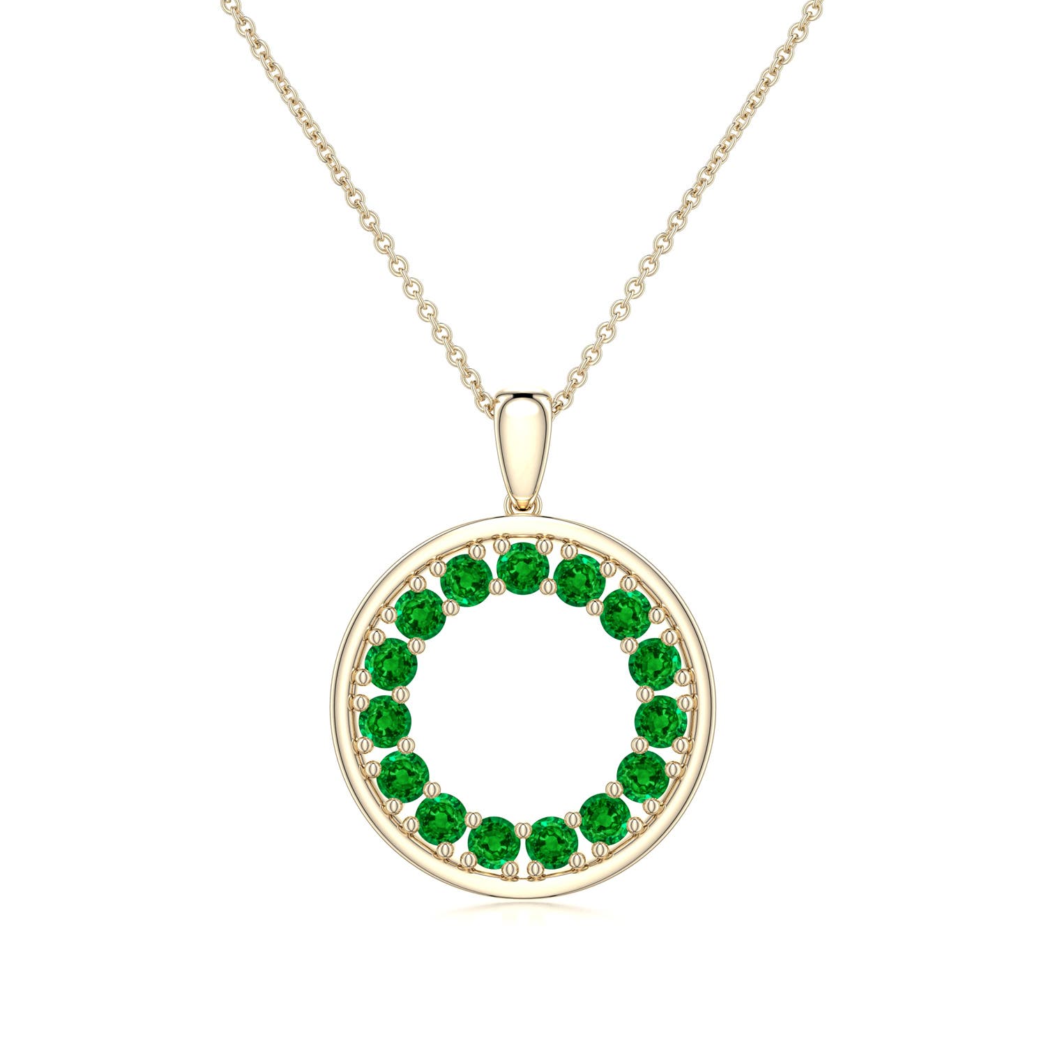 2mm AAAA Emerald Open Circle Eternity Pendant in Yellow Gold