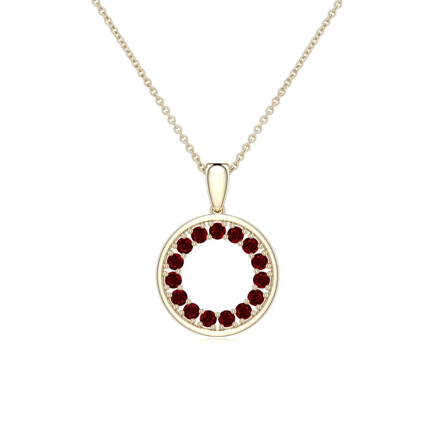1.5mm AAAA Ruby Open Circle Eternity Pendant in Yellow Gold