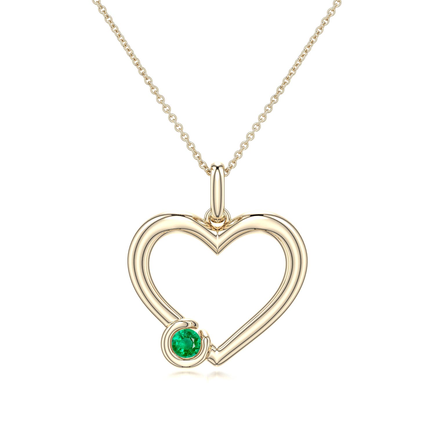 4mm AAA Offset Emerald Open Heart Pendant in Yellow Gold