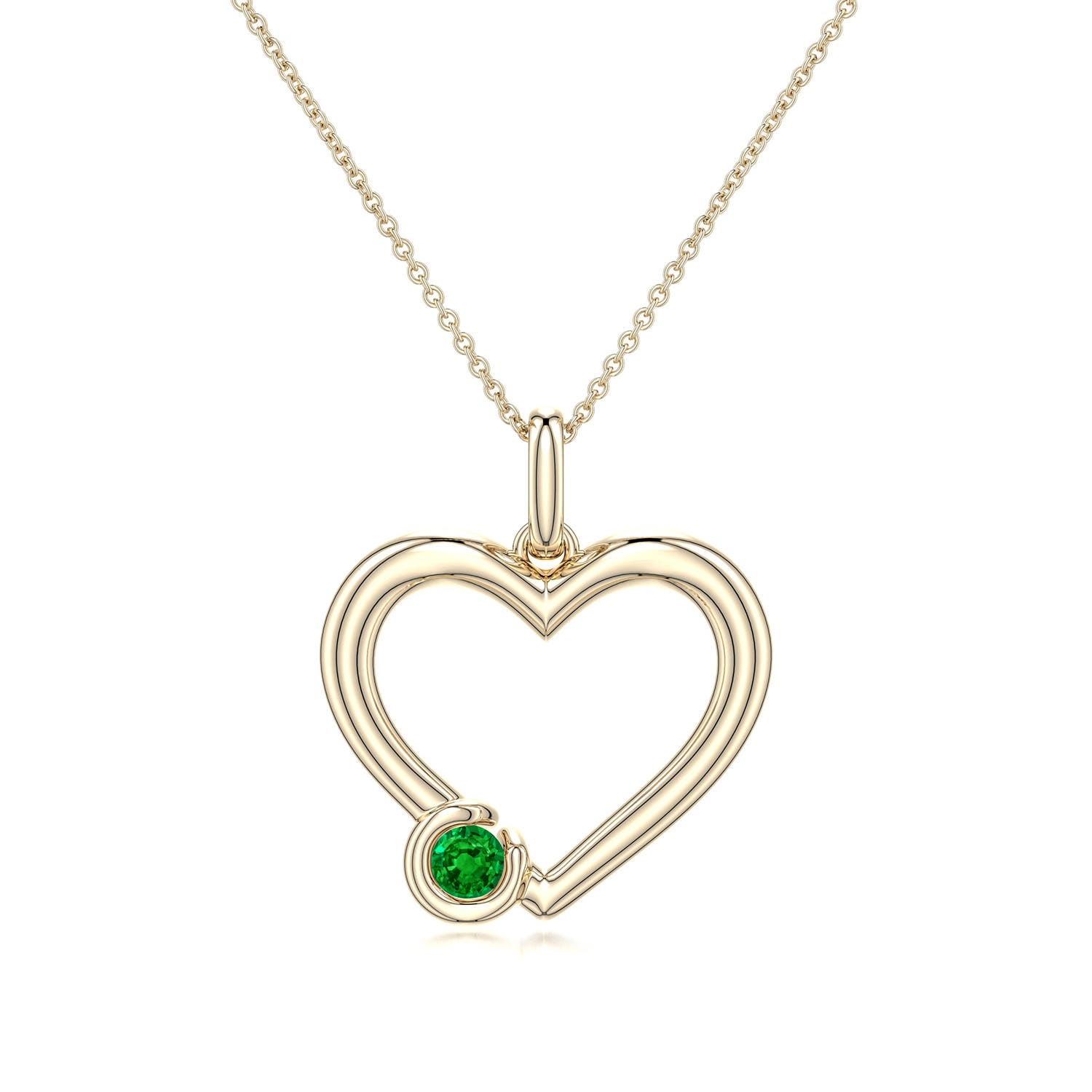 4mm AAAA Offset Emerald Open Heart Pendant in Yellow Gold