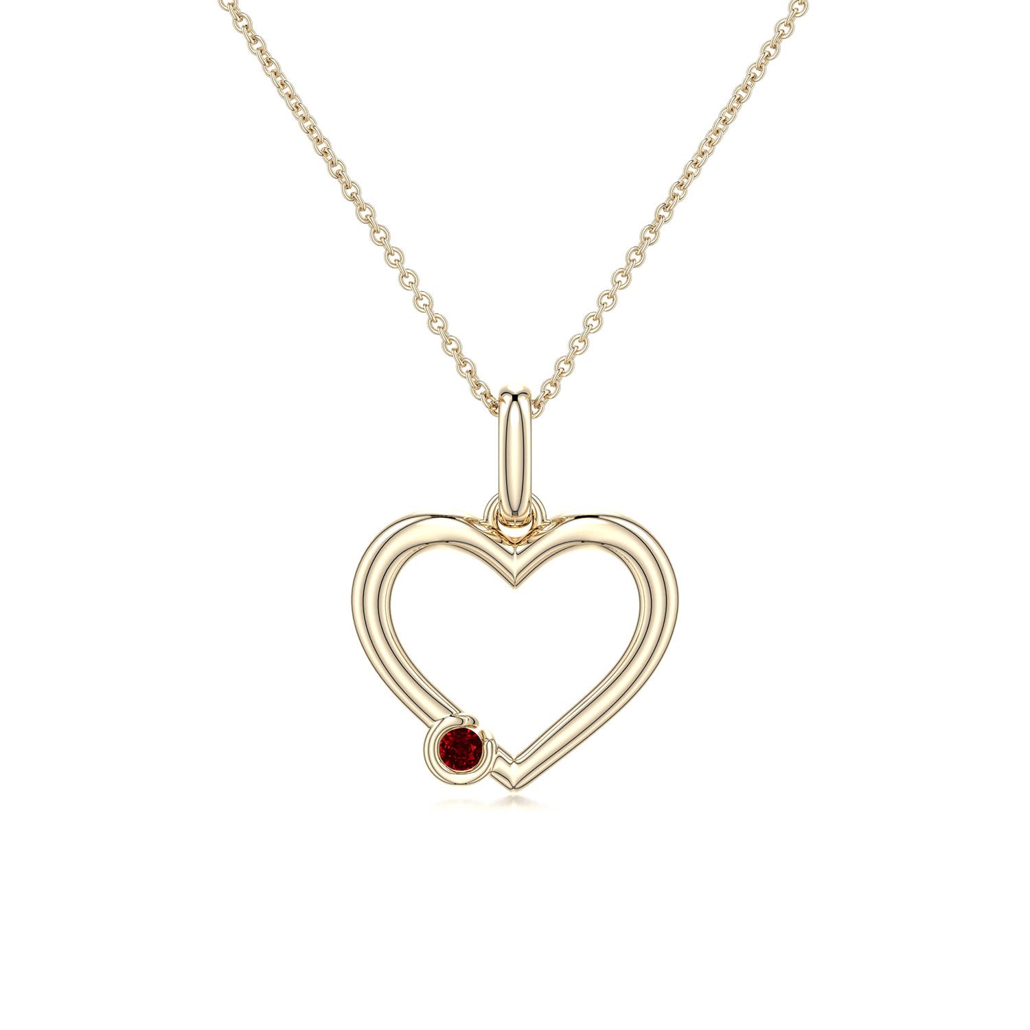 2.5mm AAAA Offset Ruby Open Heart Pendant in Yellow Gold