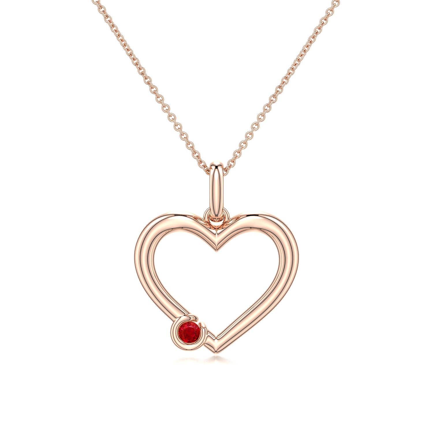 3mm AAA Offset Ruby Open Heart Pendant in Rose Gold