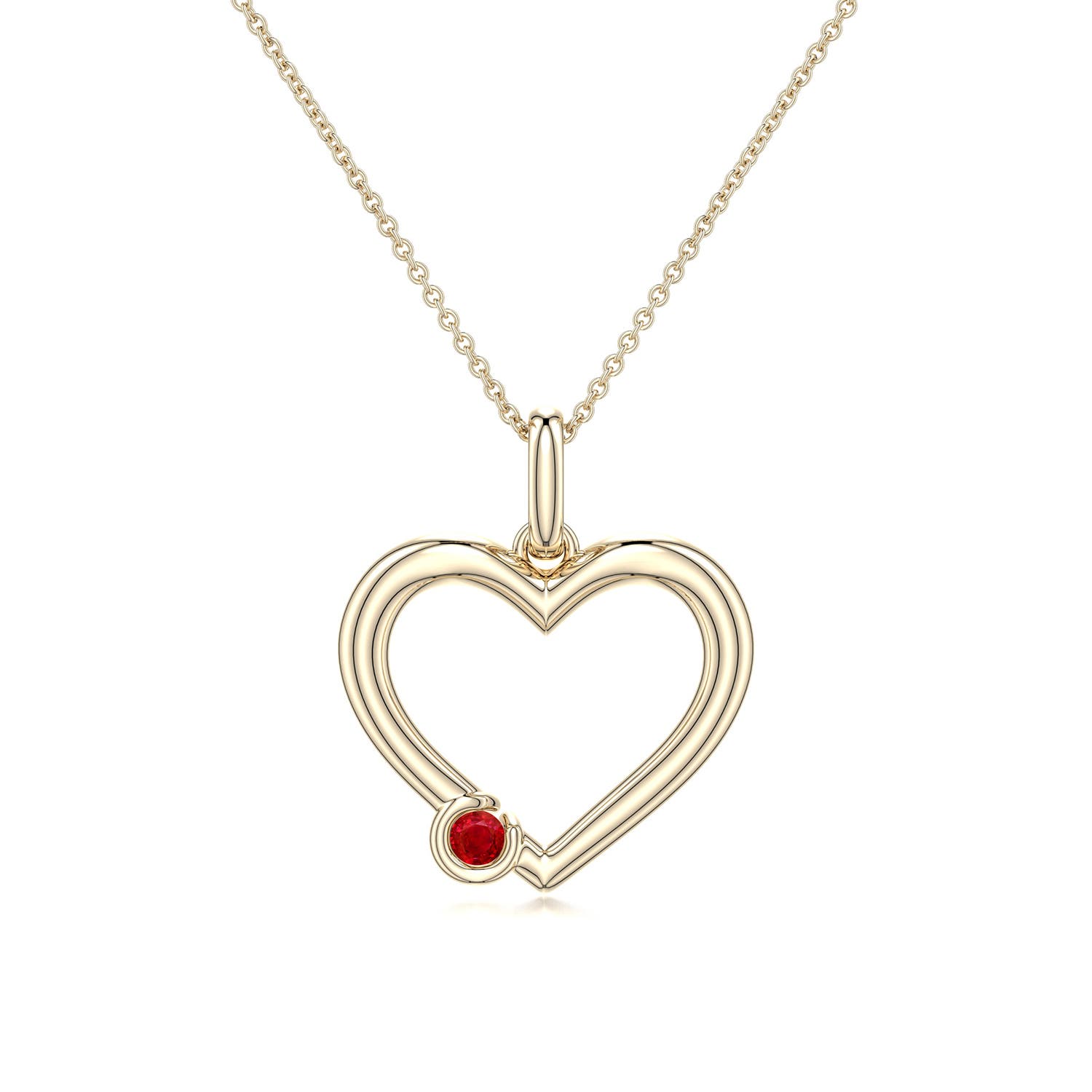 3mm AAA Offset Ruby Open Heart Pendant in Yellow Gold