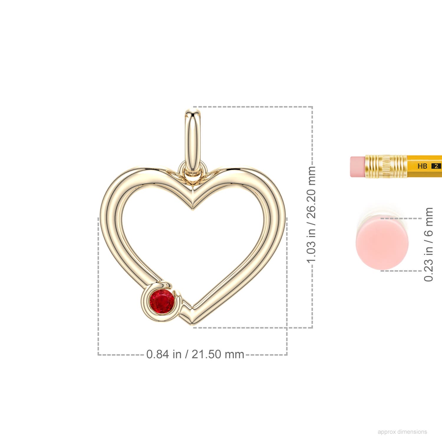 3mm AAA Offset Ruby Open Heart Pendant in Yellow Gold - ruler