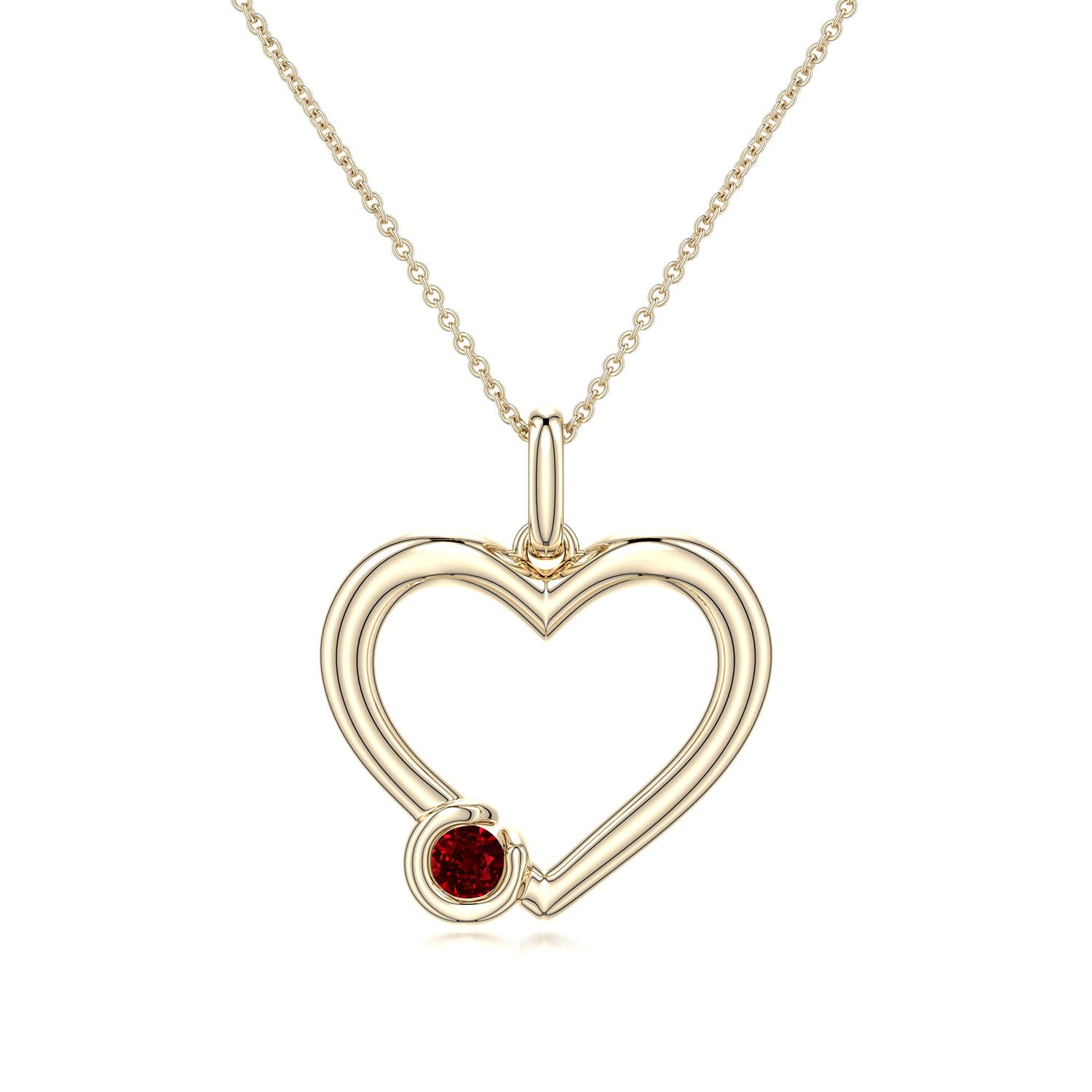 4mm AAAA Offset Ruby Open Heart Pendant in Yellow Gold