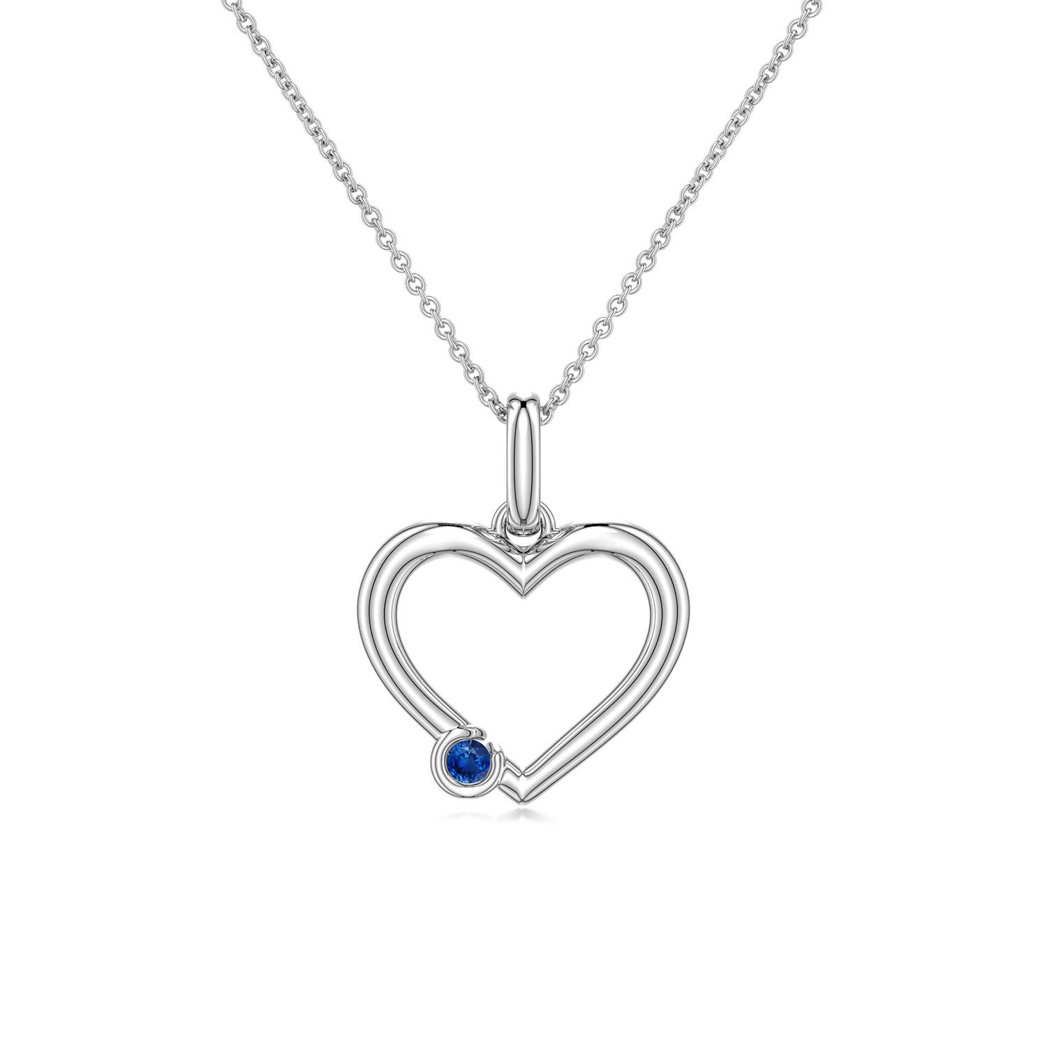 2.5mm AAA Offset Blue Sapphire Open Heart Pendant in White Gold