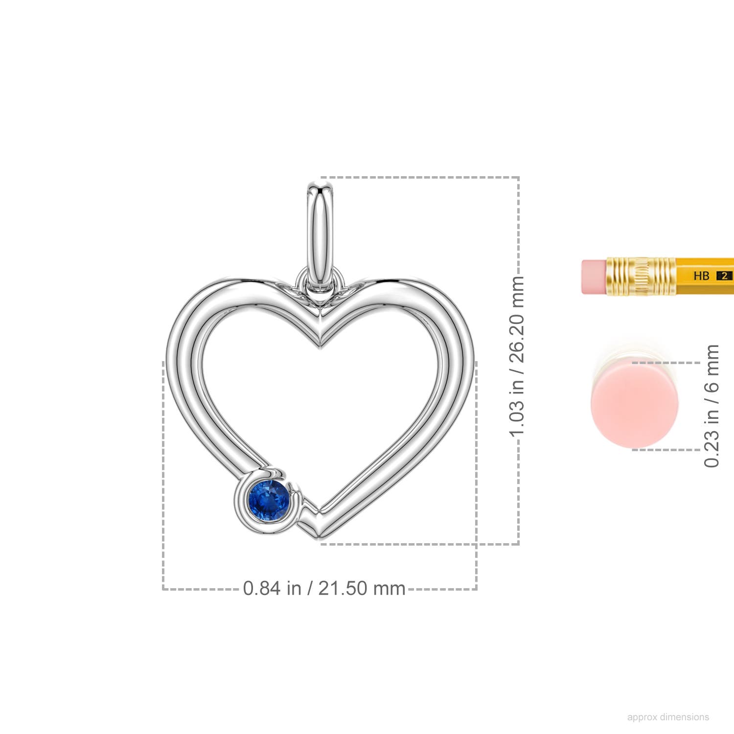 3mm AAA Offset Blue Sapphire Open Heart Pendant in White Gold - ruler