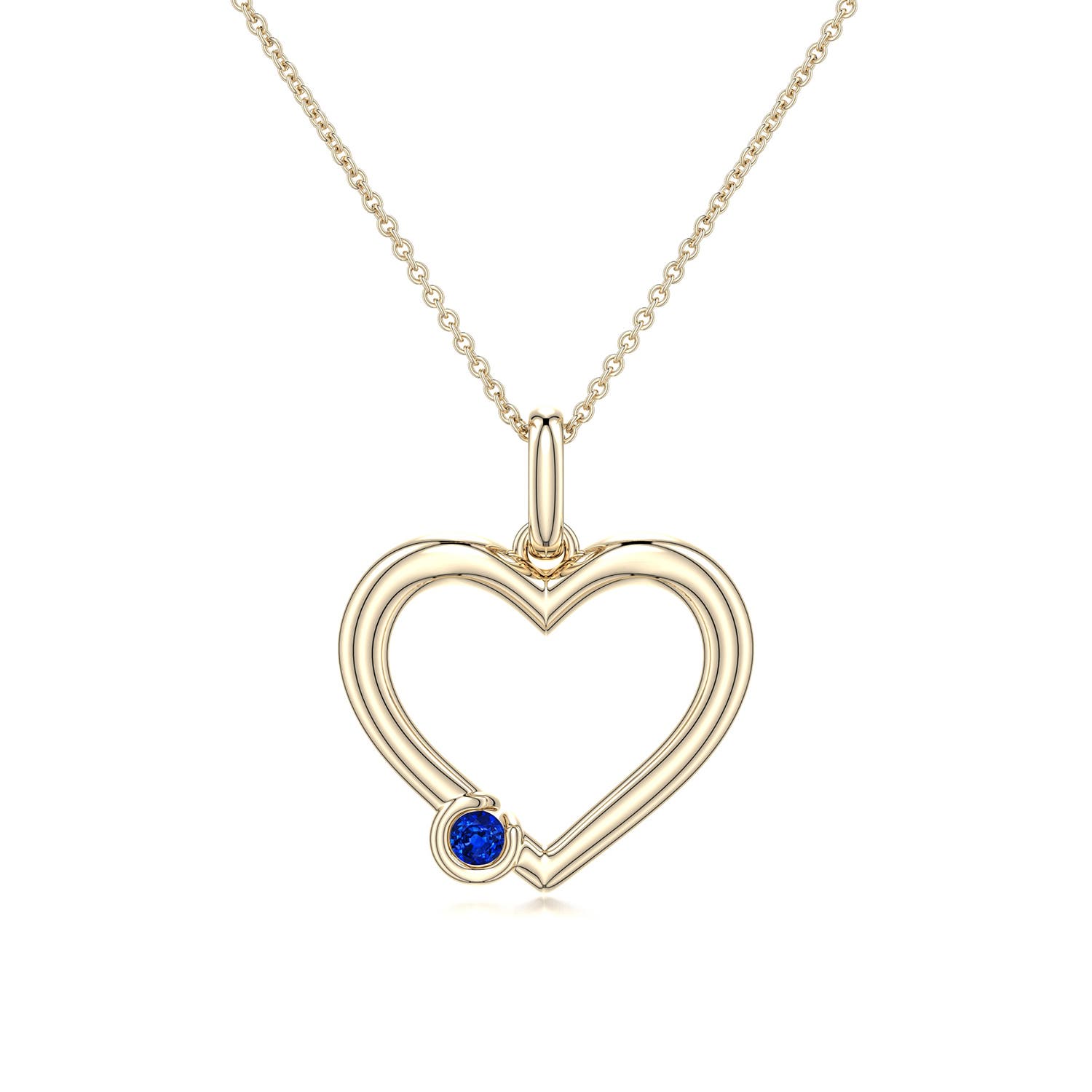 3mm AAAA Offset Blue Sapphire Open Heart Pendant in Yellow Gold