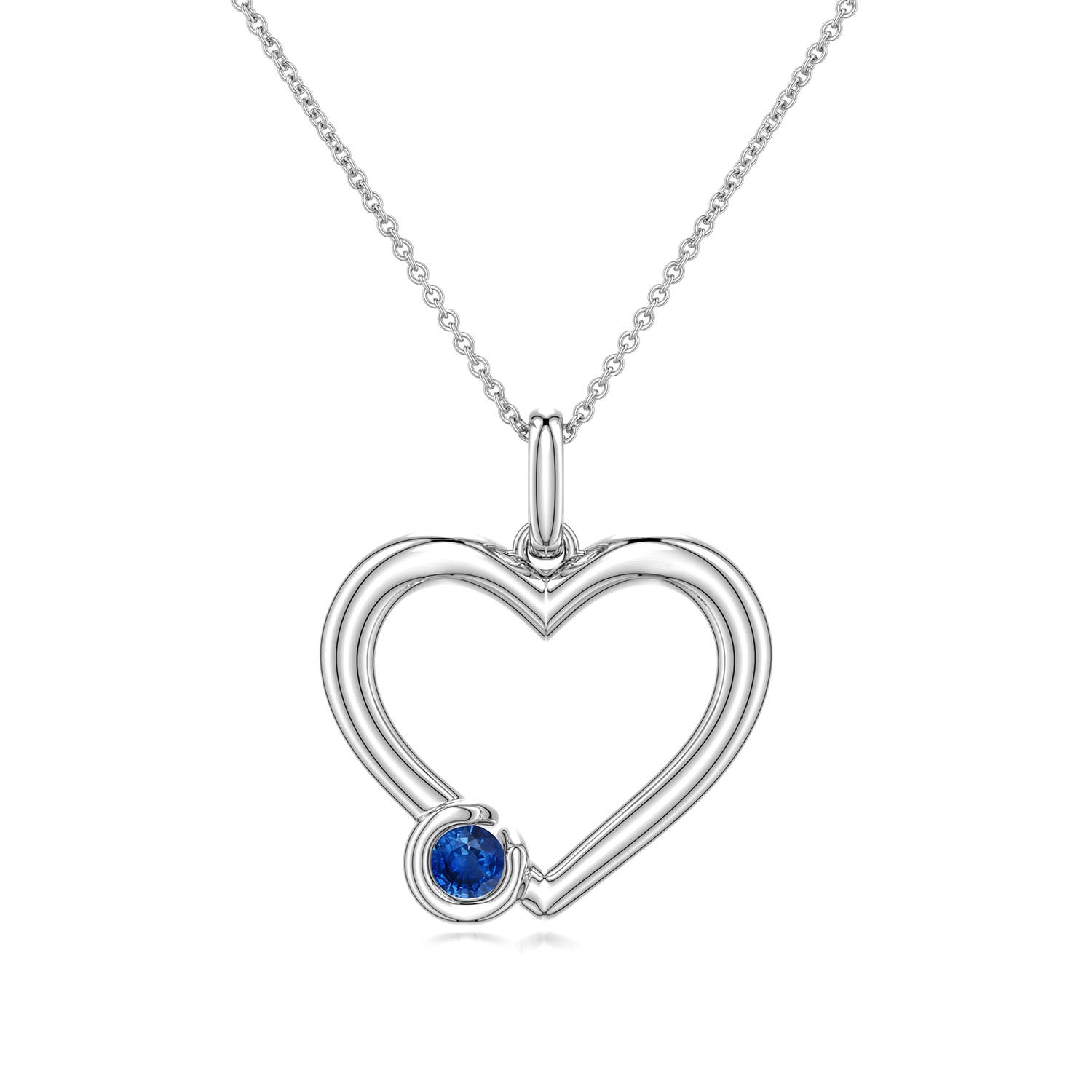 4mm AAA Offset Blue Sapphire Open Heart Pendant in White Gold