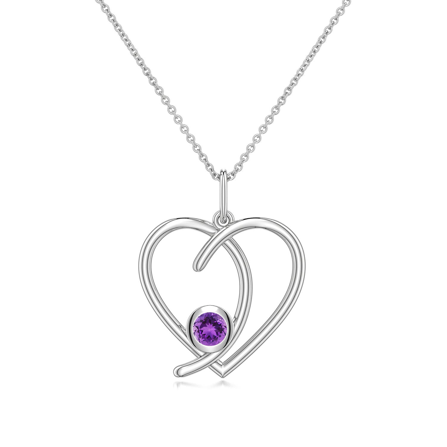 4mm AAA Amethyst Asymmetrical Open Heart Pendant in White Gold - main