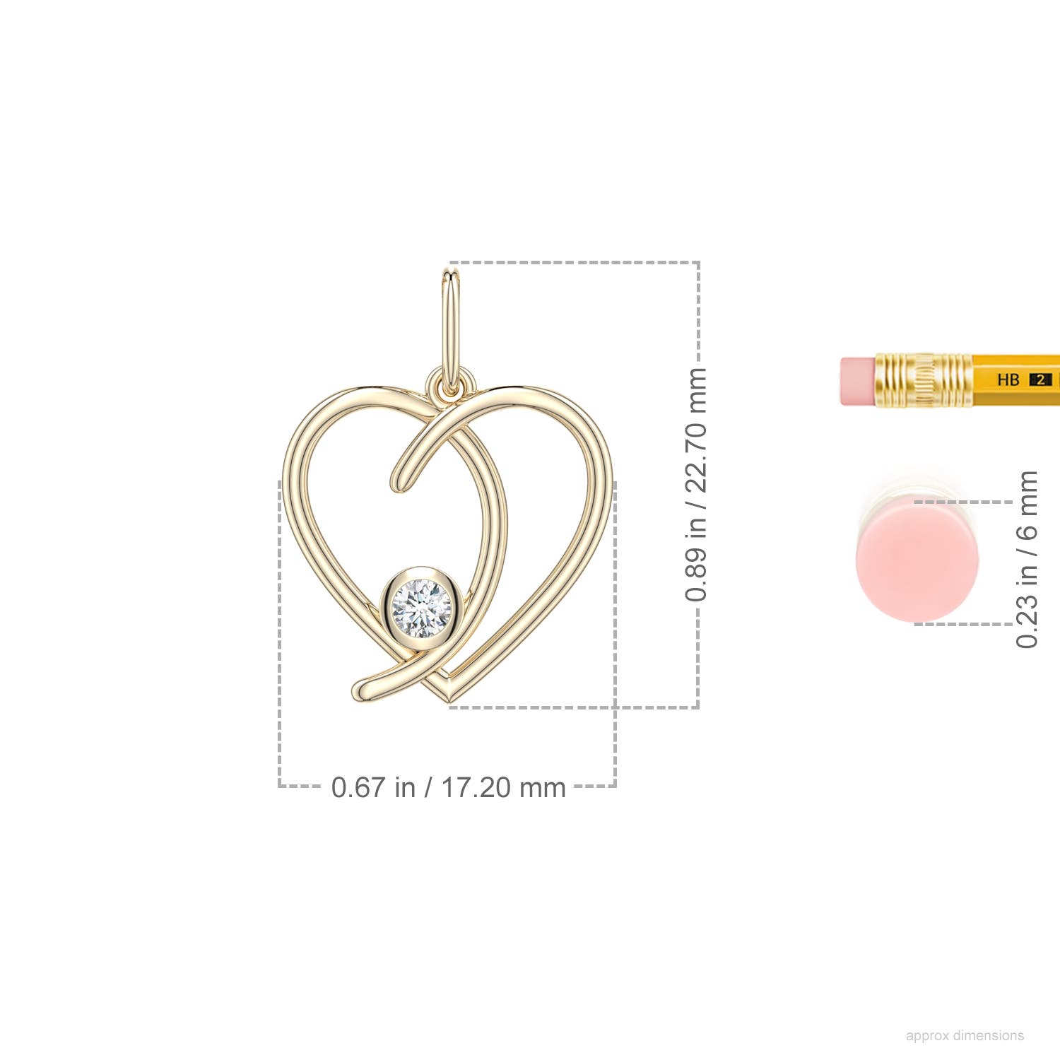 3mm GVS2 Diamond Asymmetrical Open Heart Pendant in Yellow Gold - ruler