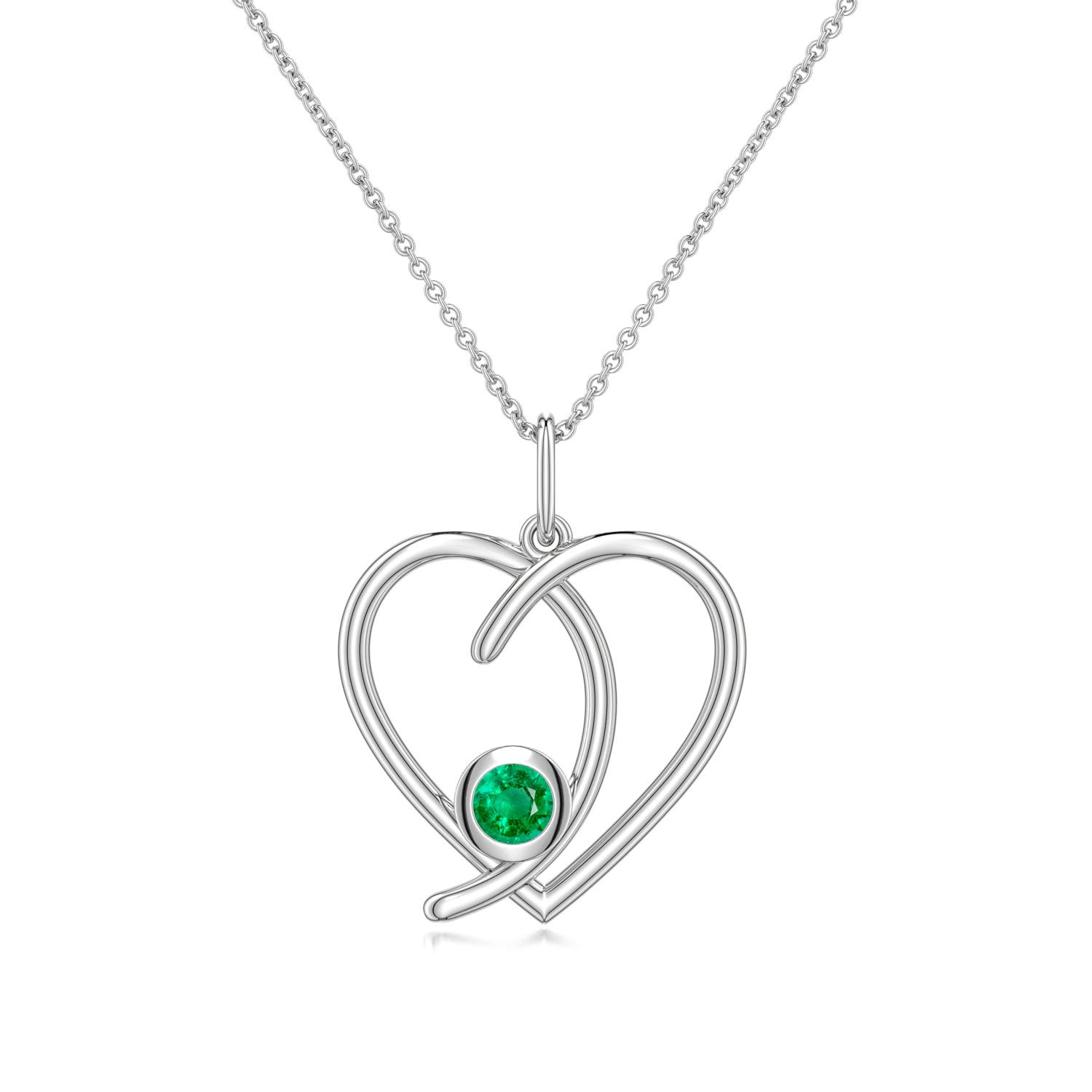 4mm AAA Emerald Asymmetrical Open Heart Pendant in White Gold
