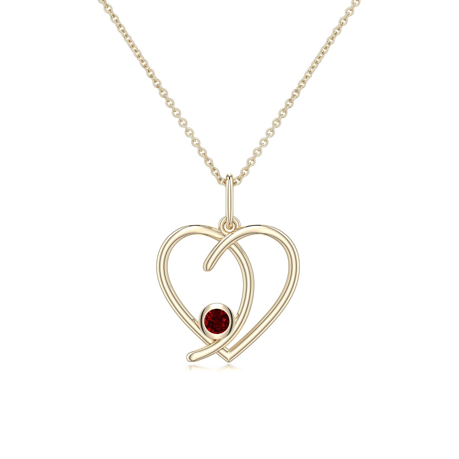 3mm AAAA Ruby Asymmetrical Open Heart Pendant in Yellow Gold