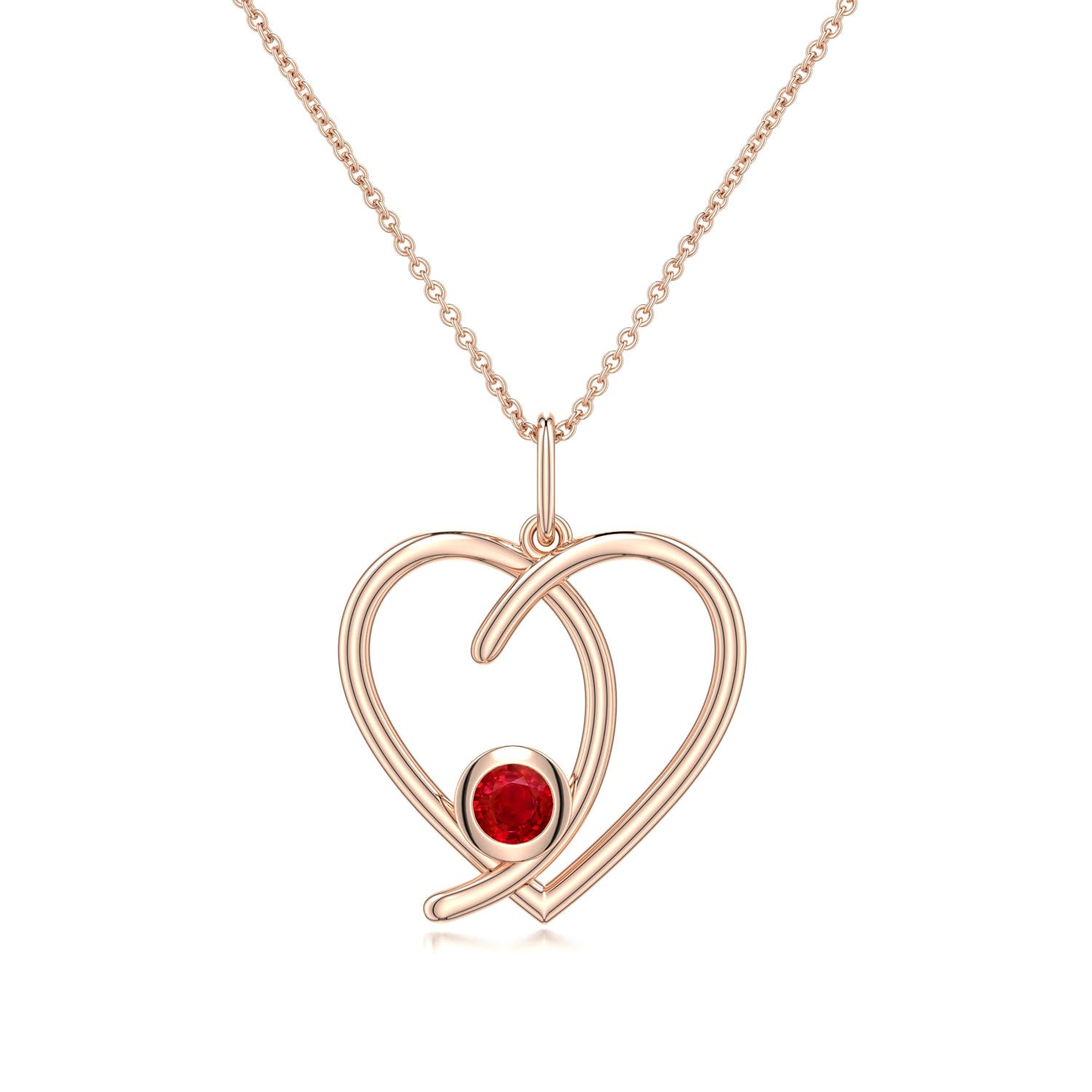 4mm AAA Ruby Asymmetrical Open Heart Pendant in Rose Gold