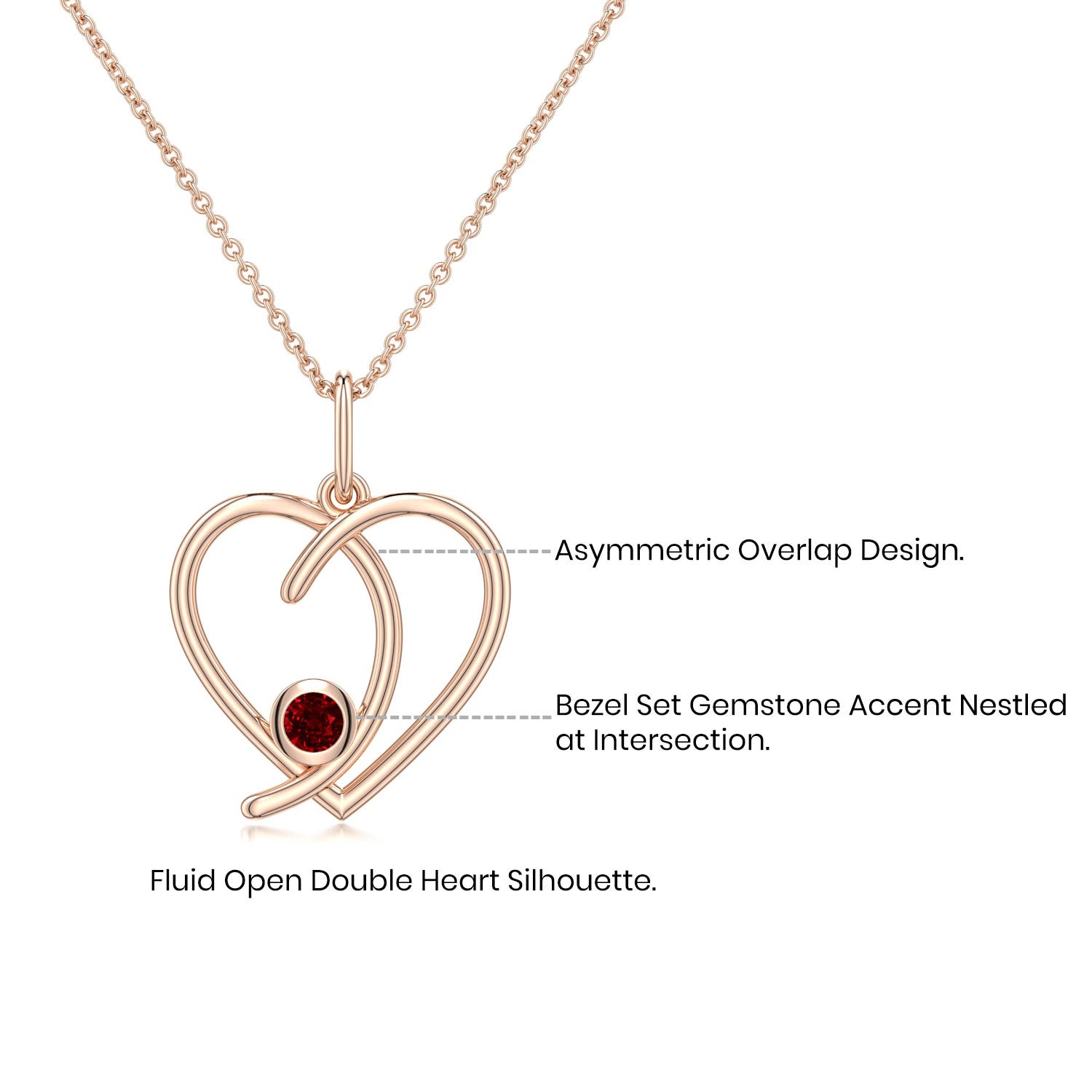 4mm AAA Ruby Asymmetrical Open Heart Pendant in Rose Gold - side 3