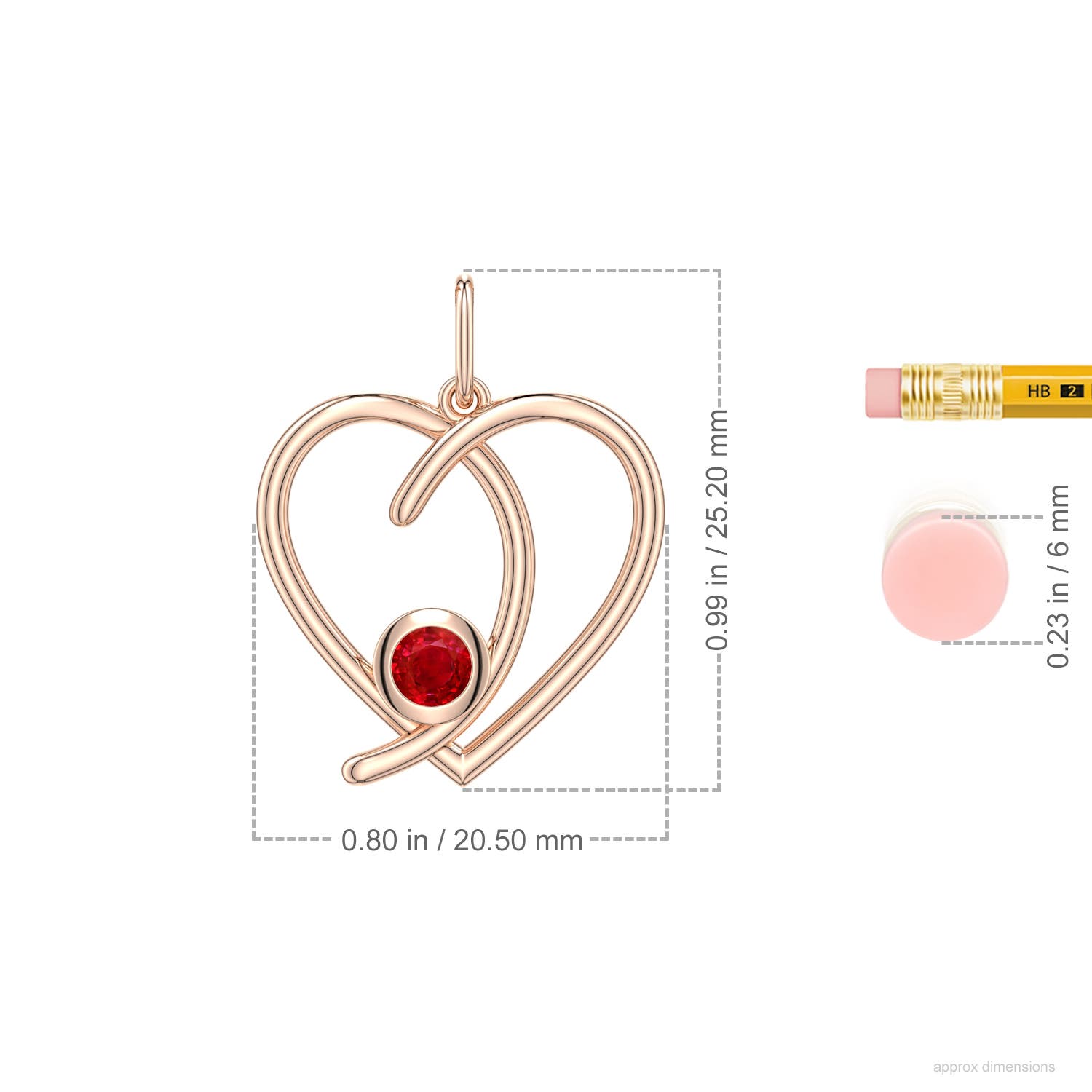 4mm AAA Ruby Asymmetrical Open Heart Pendant in Rose Gold - ruler