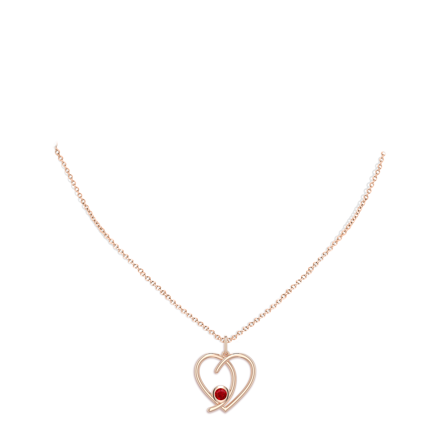 4mm AAA Ruby Asymmetrical Open Heart Pendant in Rose Gold - body_neck