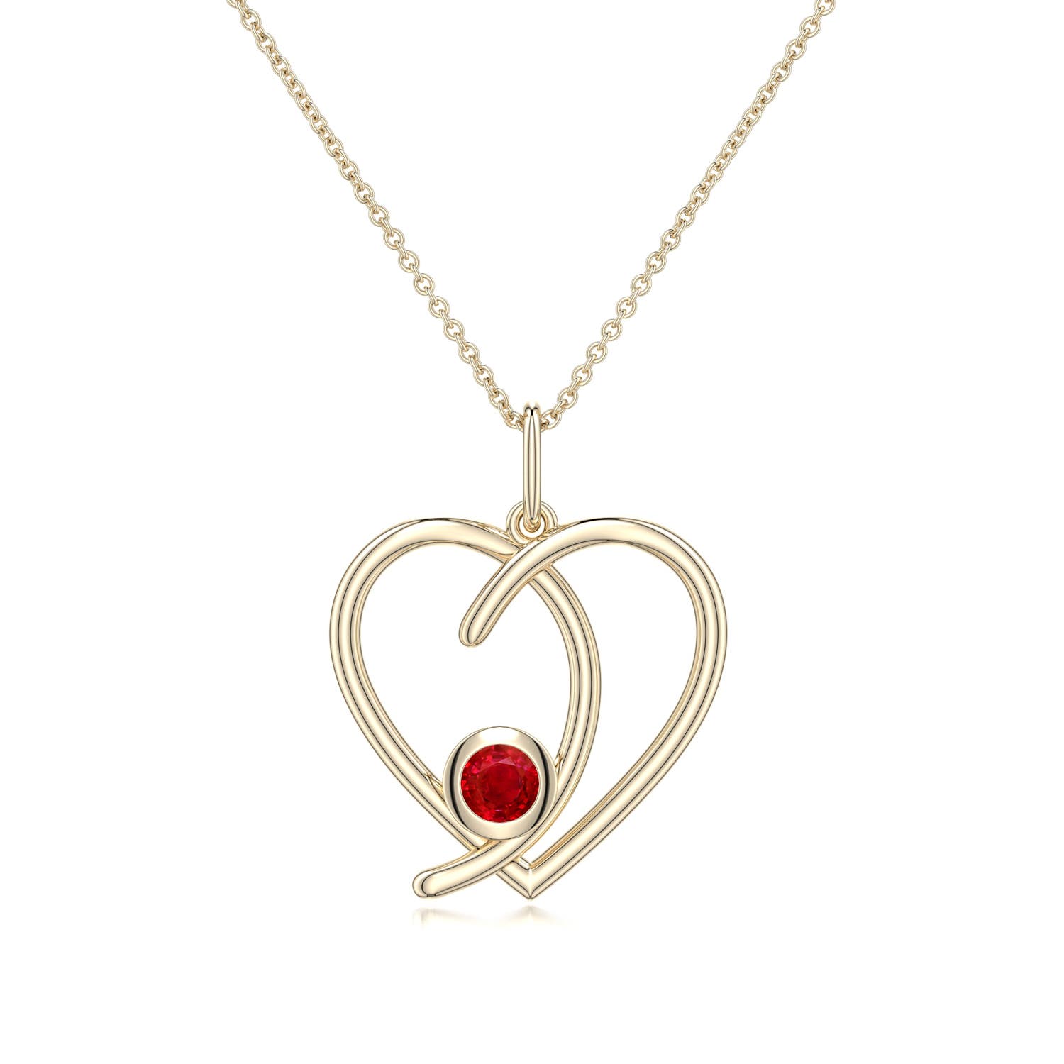 4mm AAA Ruby Asymmetrical Open Heart Pendant in Yellow Gold