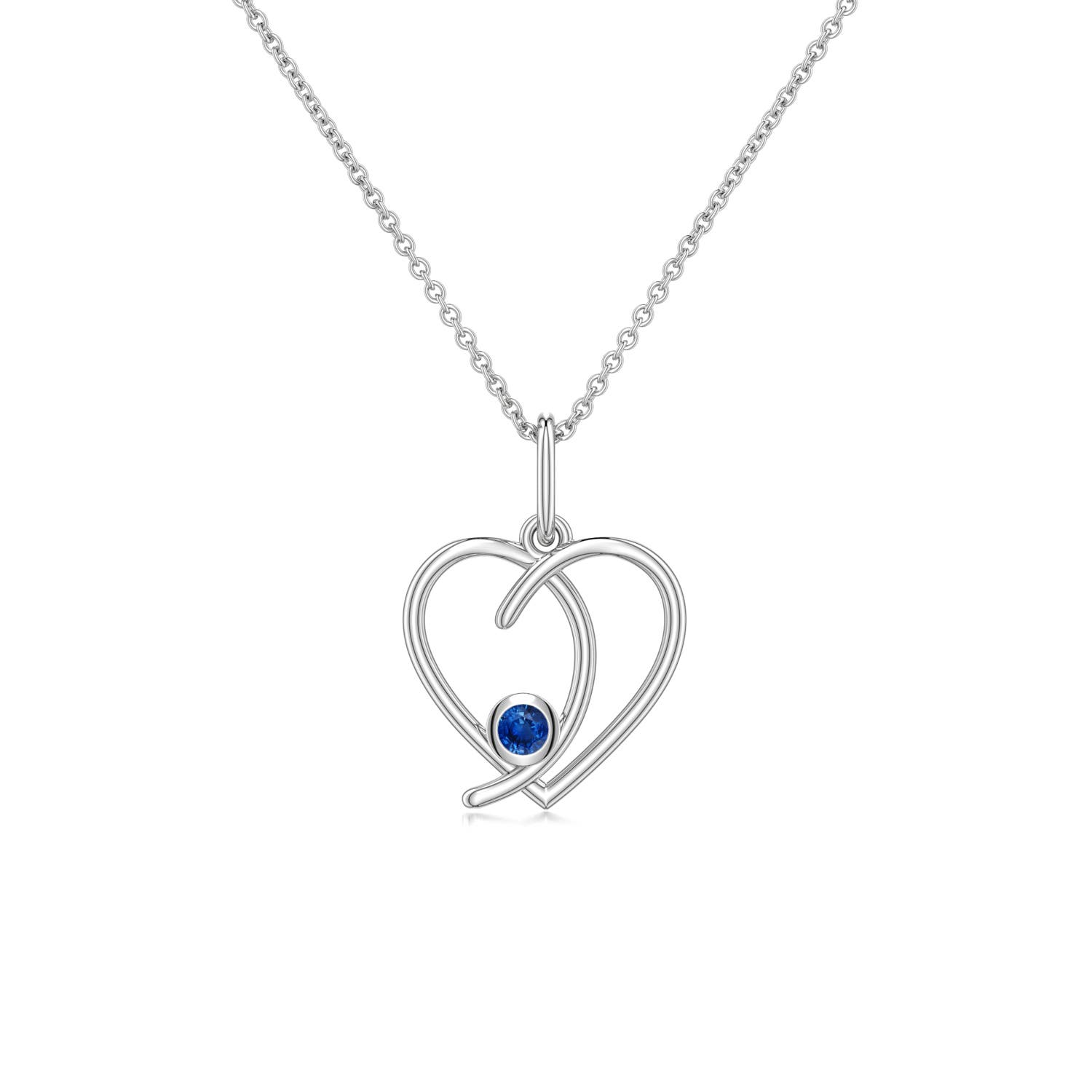 2.5mm AAA Blue Sapphire Asymmetrical Open Heart Pendant in 18K White Gold