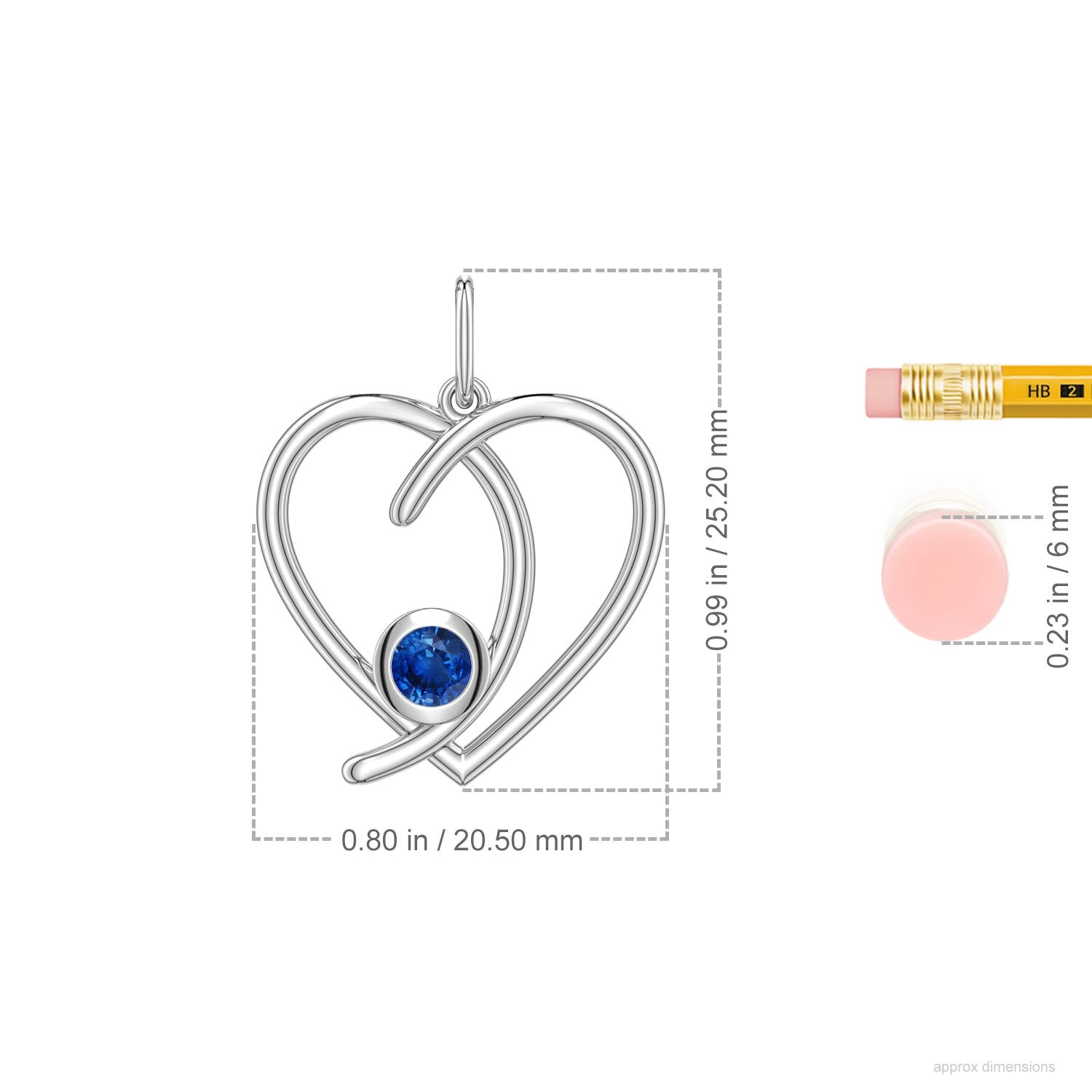 4mm AAA Blue Sapphire Asymmetrical Open Heart Pendant in White Gold - ruler