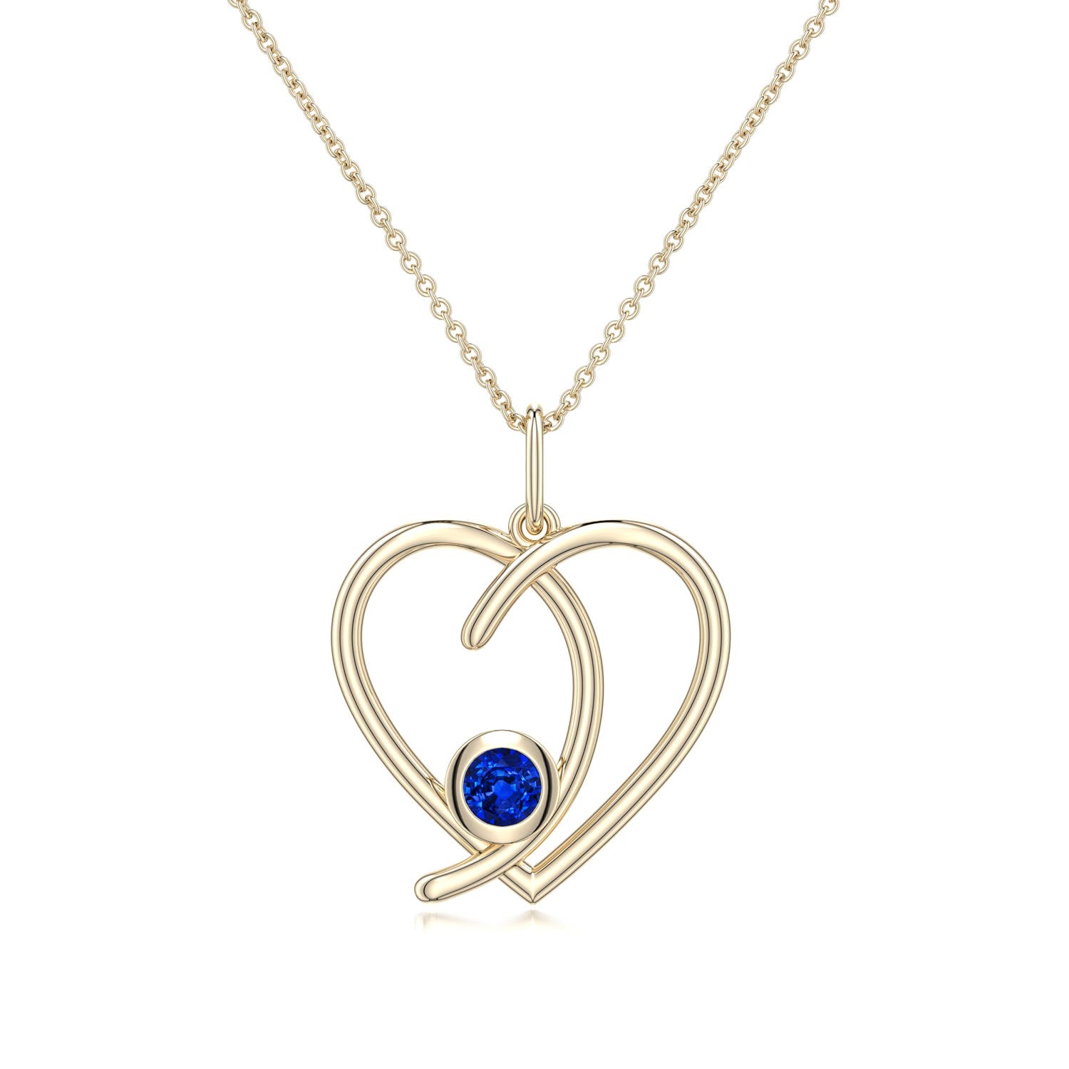 4mm AAAA Blue Sapphire Asymmetrical Open Heart Pendant in Yellow Gold