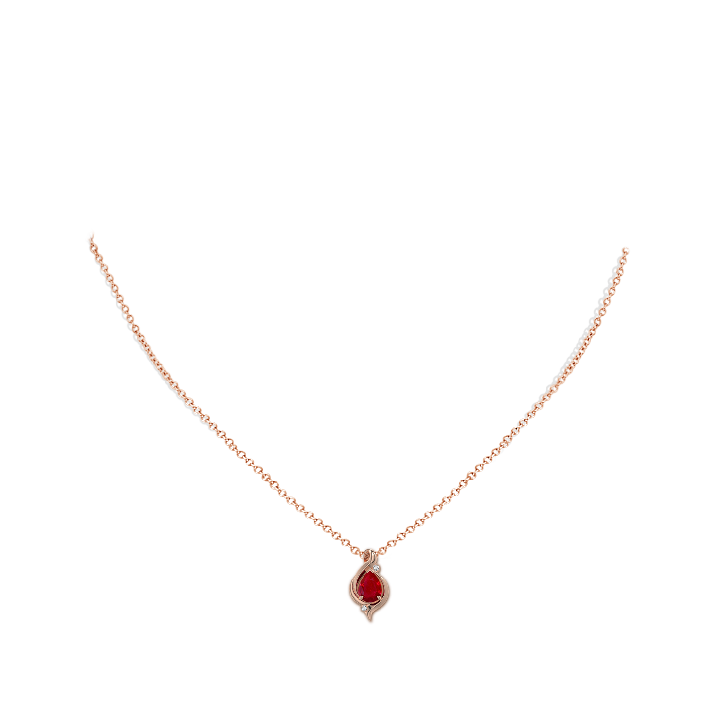 7x5mm AAA Shell Style Pear Ruby Infinity Pendant in Rose Gold - body_neck