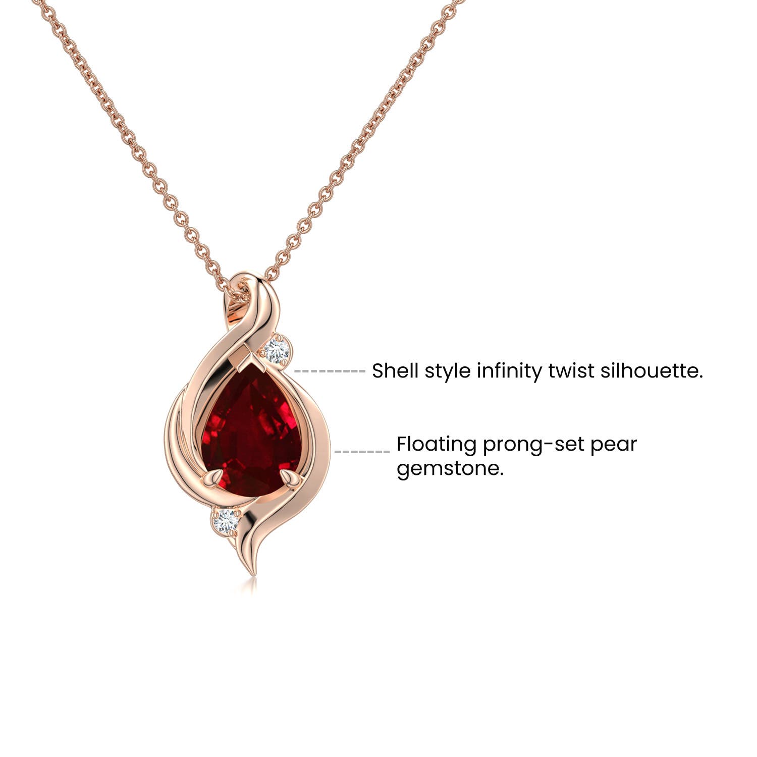 7x5mm AAA Shell Style Pear Ruby Infinity Pendant in Rose Gold - side 4