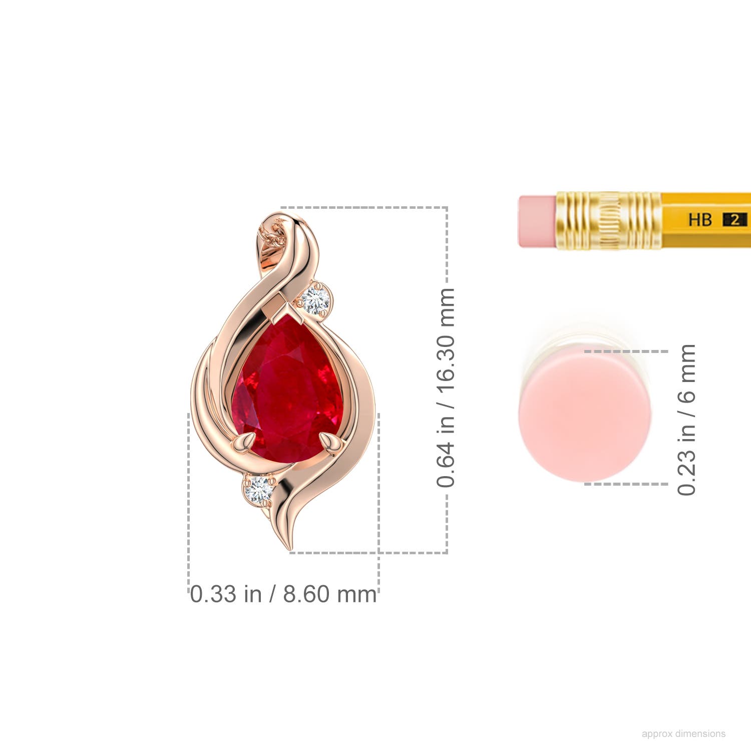 7x5mm AAA Shell Style Pear Ruby Infinity Pendant in Rose Gold - ruler