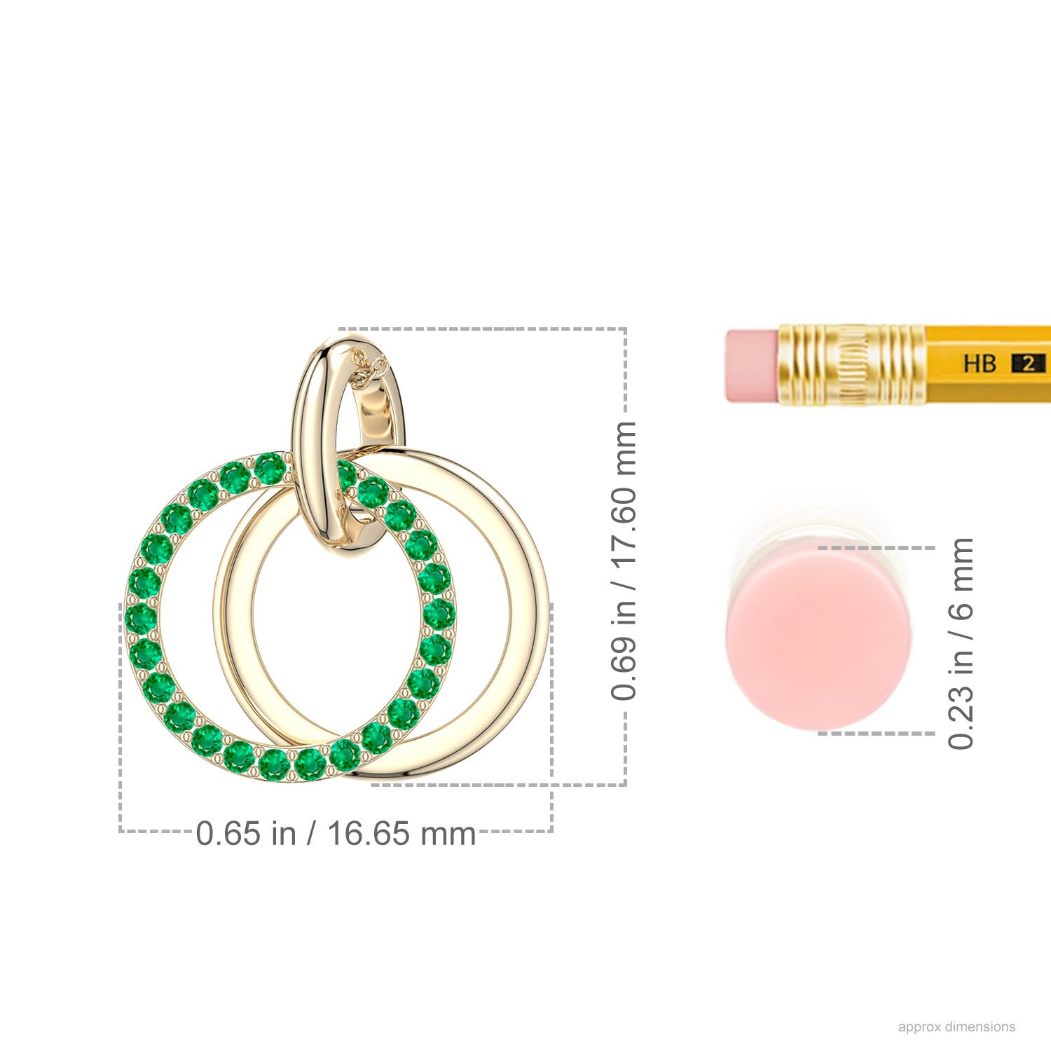 1.2mm AAA Interlocking Emerald Open Circle Pendant in Yellow Gold - ruler