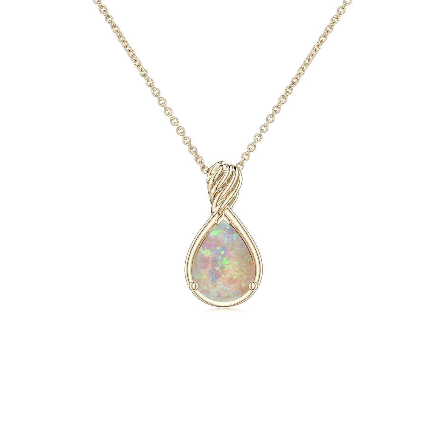 7x5mm AAAA Pear Opal Twisted Frame Infinity Pendant in Yellow Gold