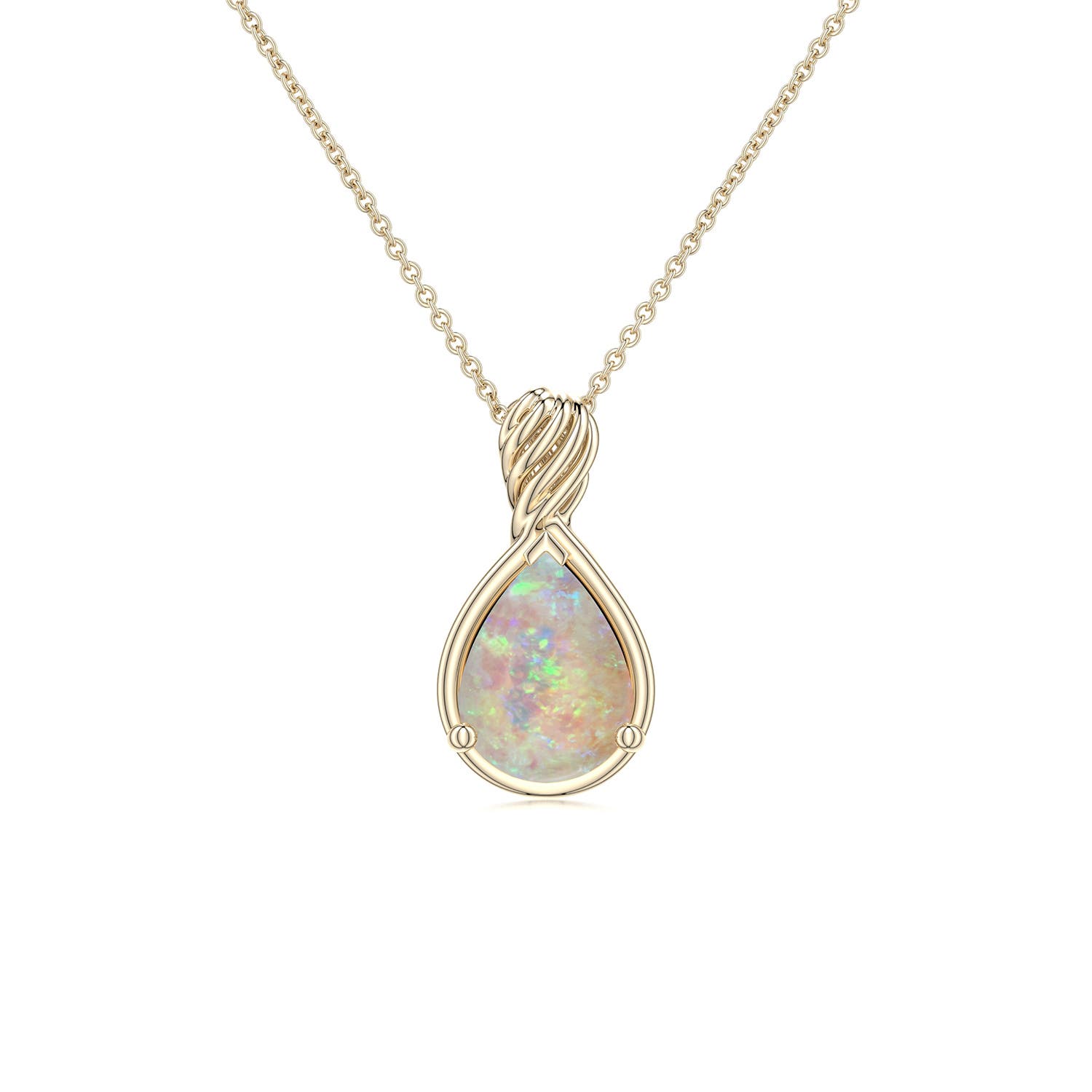 8x6mm AAAA Pear Opal Twisted Frame Infinity Pendant in Yellow Gold
