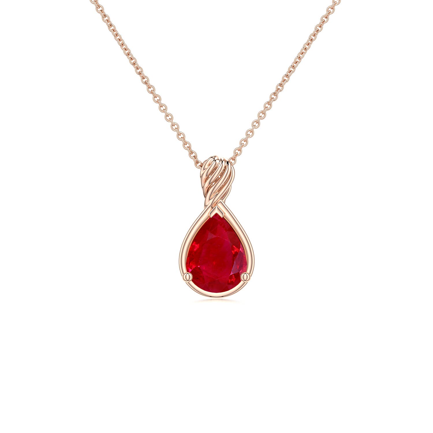 7x5mm AAA Pear Ruby Twisted Frame Infinity Pendant in Rose Gold