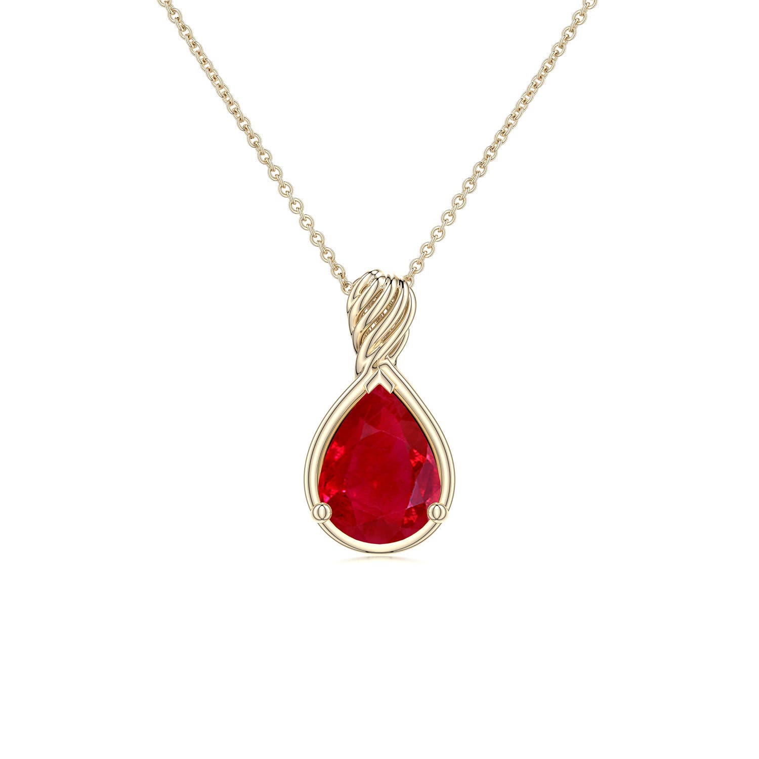 8x6mm AAA Pear Ruby Twisted Frame Infinity Pendant in 18K Yellow Gold