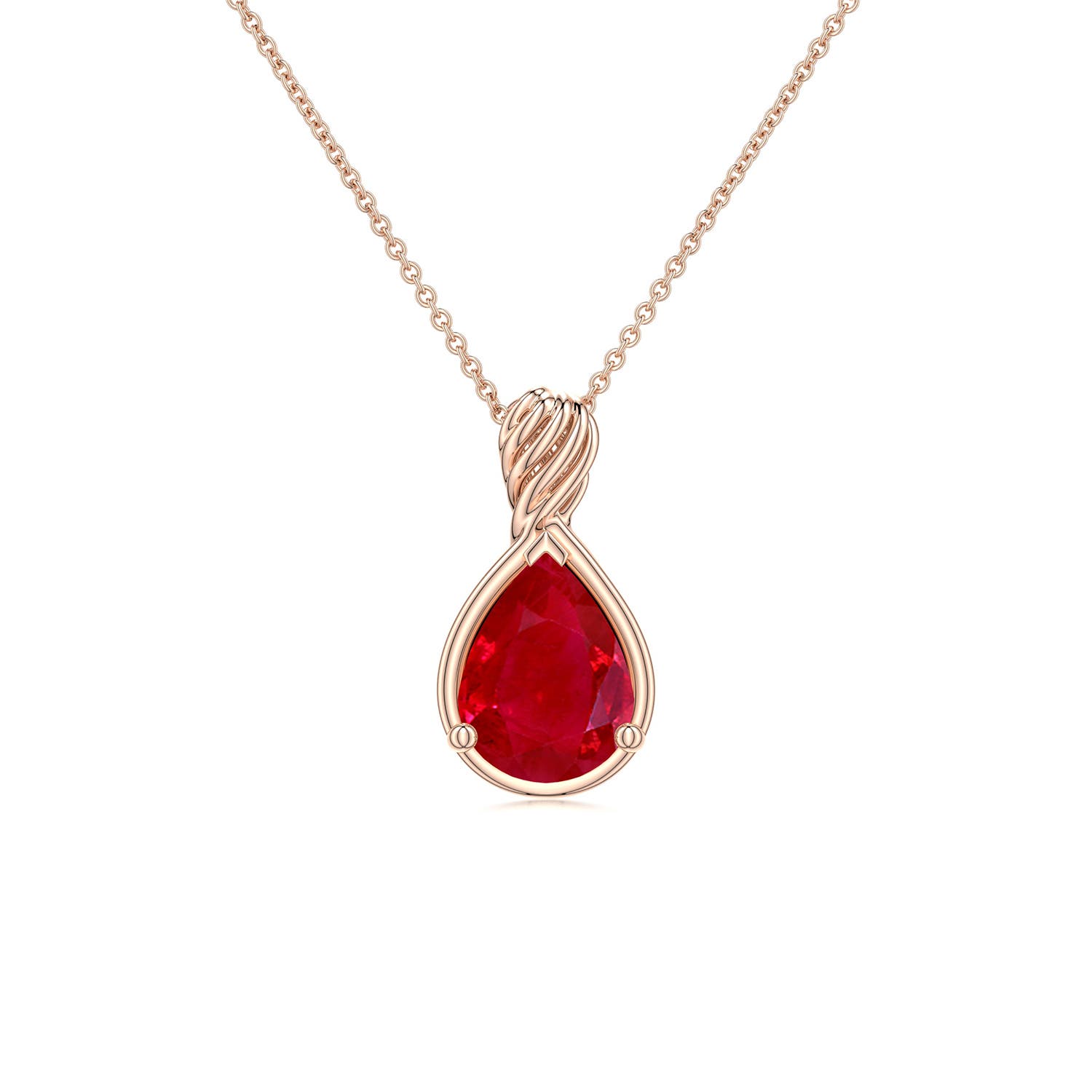 8x6mm AAA Pear Ruby Twisted Frame Infinity Pendant in Rose Gold