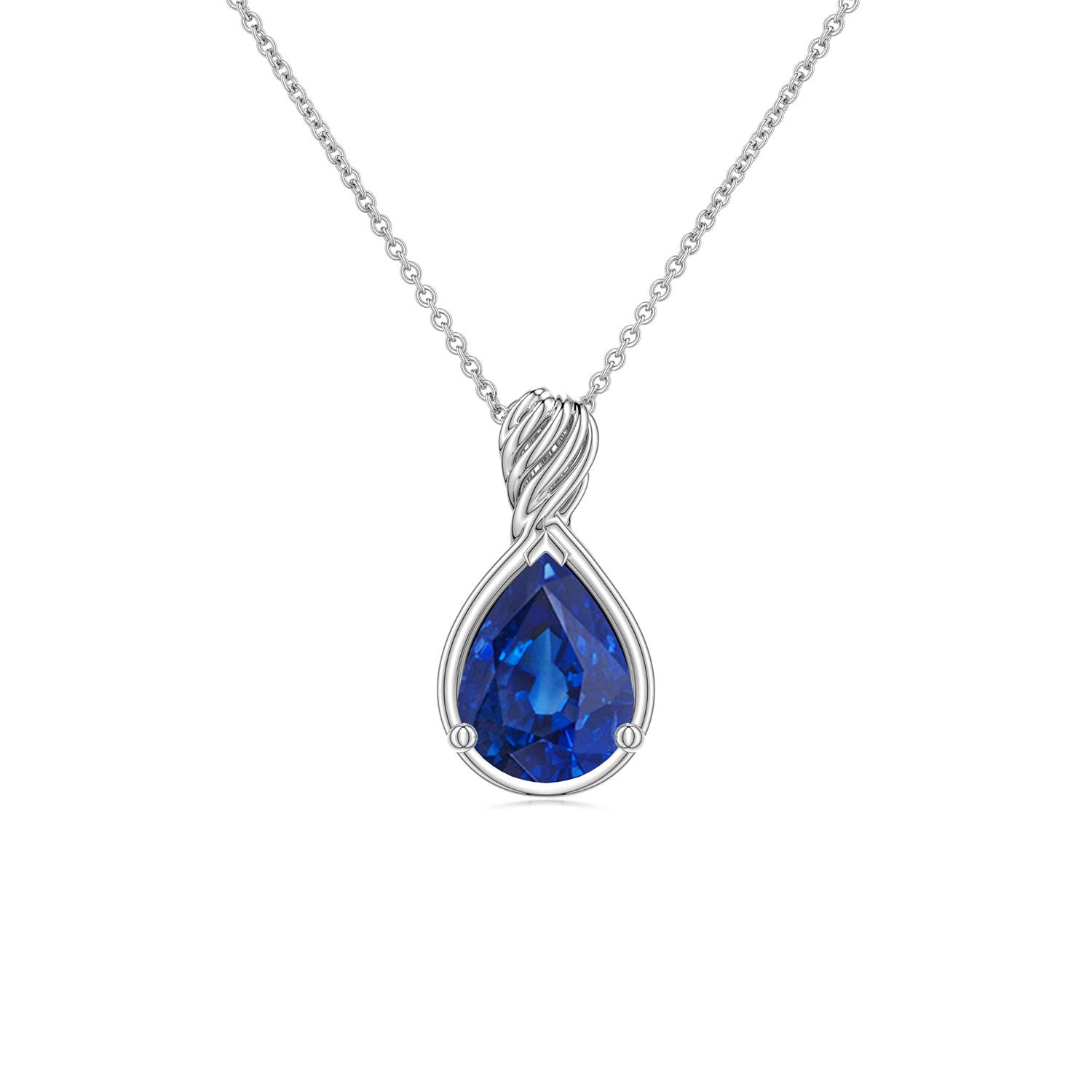 8x6mm AAA Pear Blue Sapphire Twisted Frame Infinity Pendant in White Gold