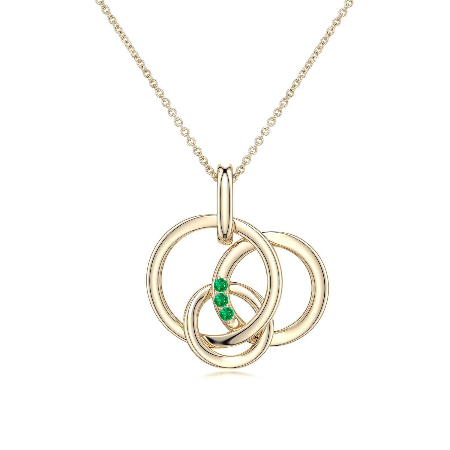 1.3mm AAA Emerald Interlocking Triple Circle Pendant in 18K Yellow Gold