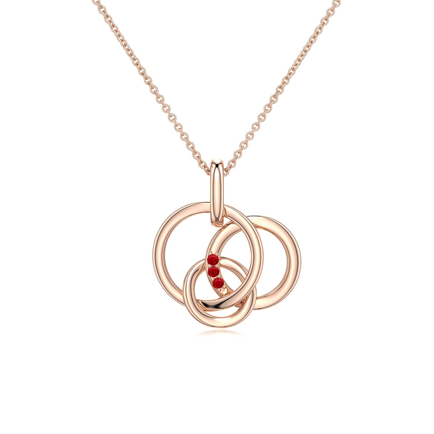 1.1mm AAA Ruby Interlocking Triple Circle Pendant in 18K Rose Gold
