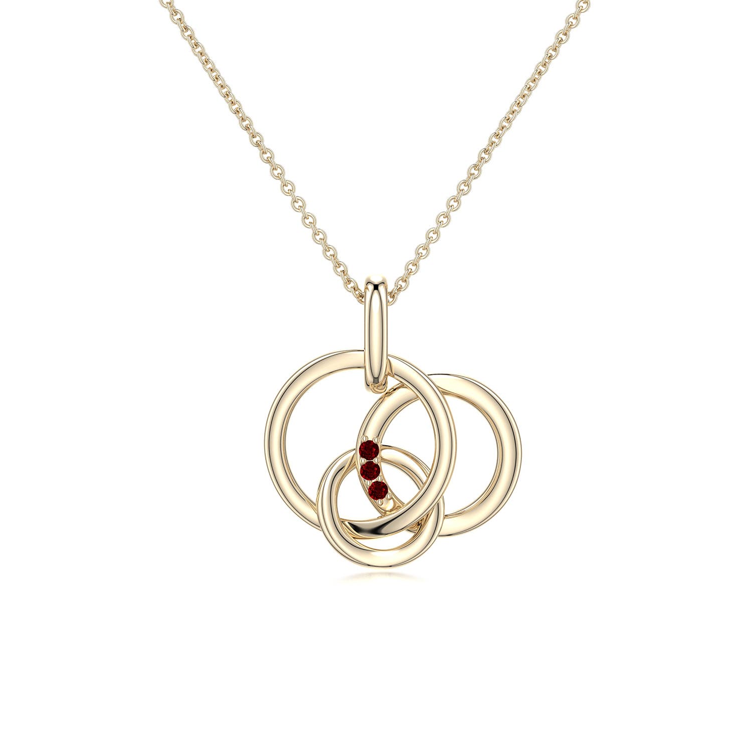 1.1mm AAAA Ruby Interlocking Triple Circle Pendant in 18K Yellow Gold