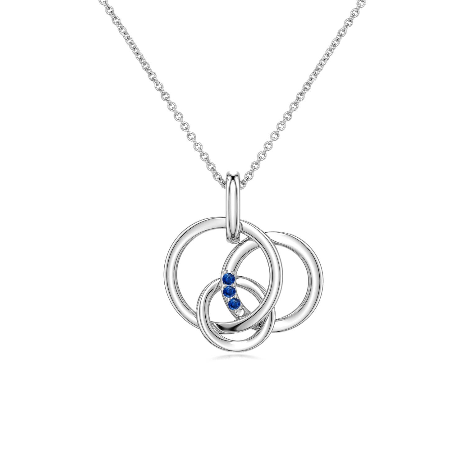 1.1mm AAA Blue Sapphire Interlocking Triple Circle Pendant in 18K White Gold