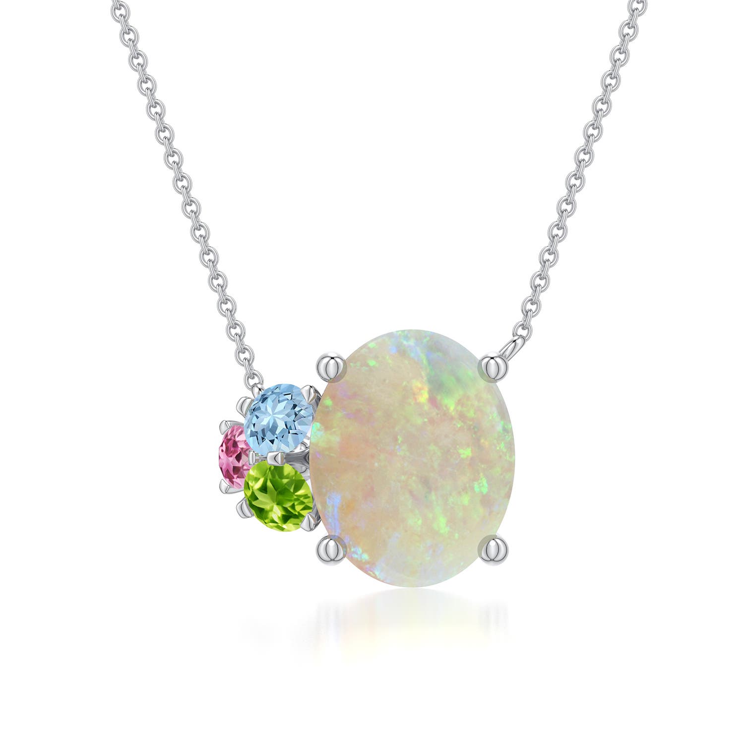 10x8mm AAA Oval Opal Pendant with Multi-Gemstone Cluster in White Gold - main
