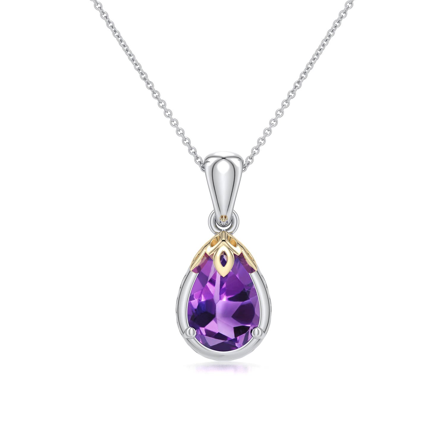 10x7mm AAA Sterling Silver and 18K Yellow Gold Pear Amethyst Solitaire Pendant in 999-18K Mixed Metal - main