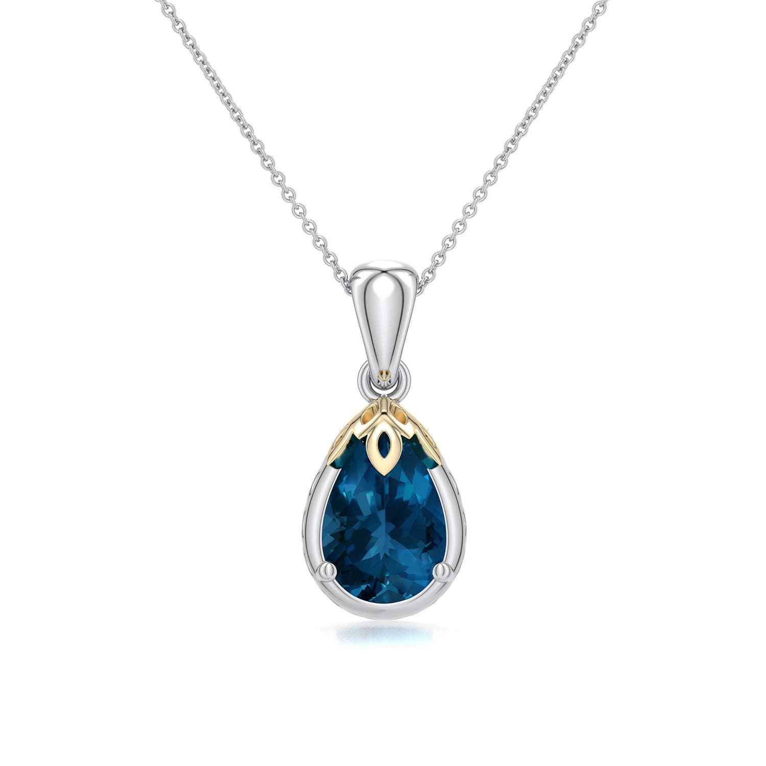 10x7mm AAA Sterling Silver and 18K Yellow Gold Pear London Blue Topaz Solitaire Pendant in 999-18K Mixed Metal - main