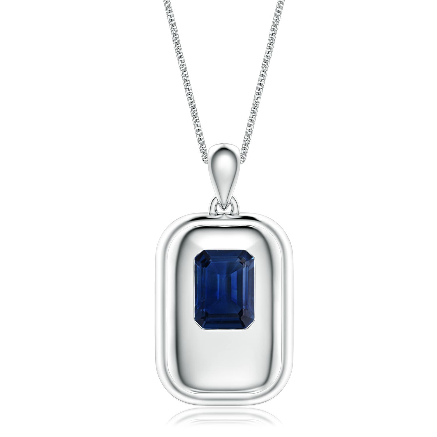9x7mm AAA Emerald-Cut Blue Sapphire Men's Tag Pendant With Chain in White Gold