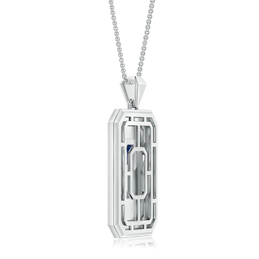 Emerald-Cut Blue Sapphire Halo Men's Elongated Octagon Tag