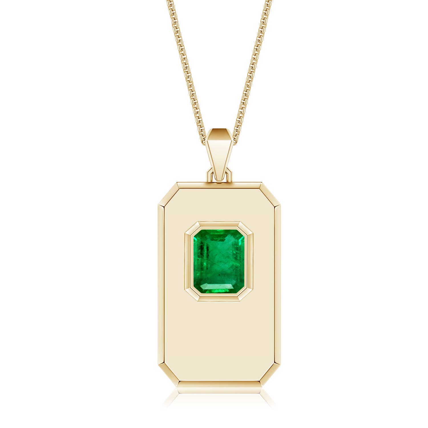 9x7mm AAA Emerald-Cut Emerald Men's Elongated Octagon Tag Pendant With Chain in Yellow Gold