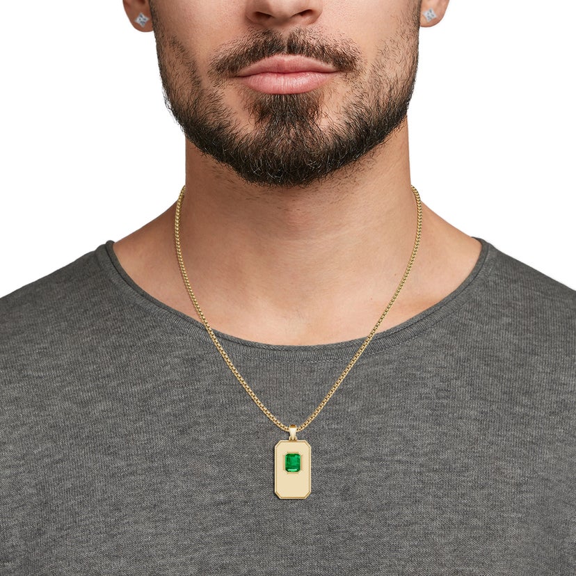 Emerald-Cut Emerald Men's Elongated Octagon Tag Pendant With Chain