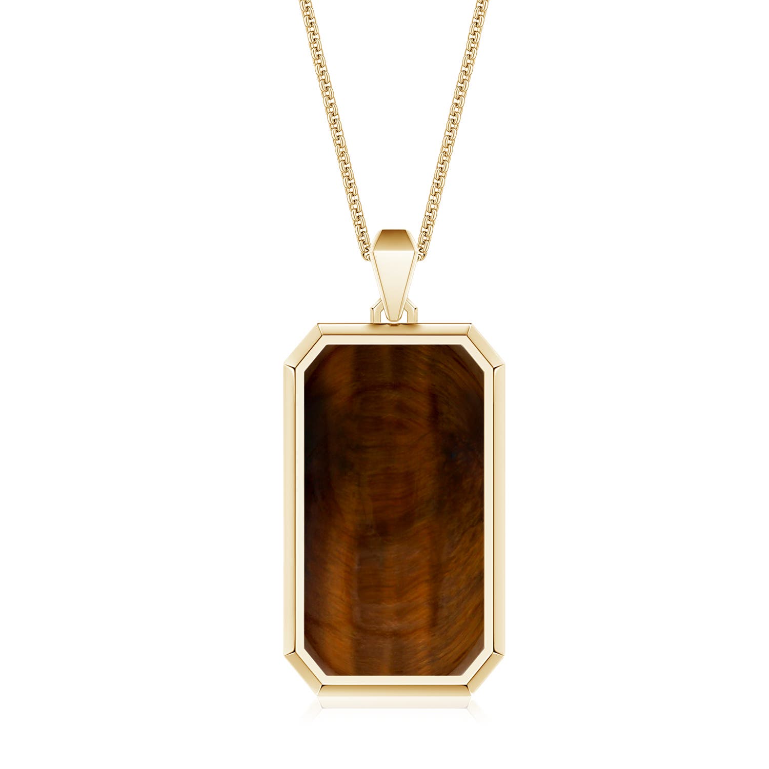 26x14mm AAA Emerald-Cut Tiger's Eye Men's Octagon Tag Pendant With Chain in Yellow Gold