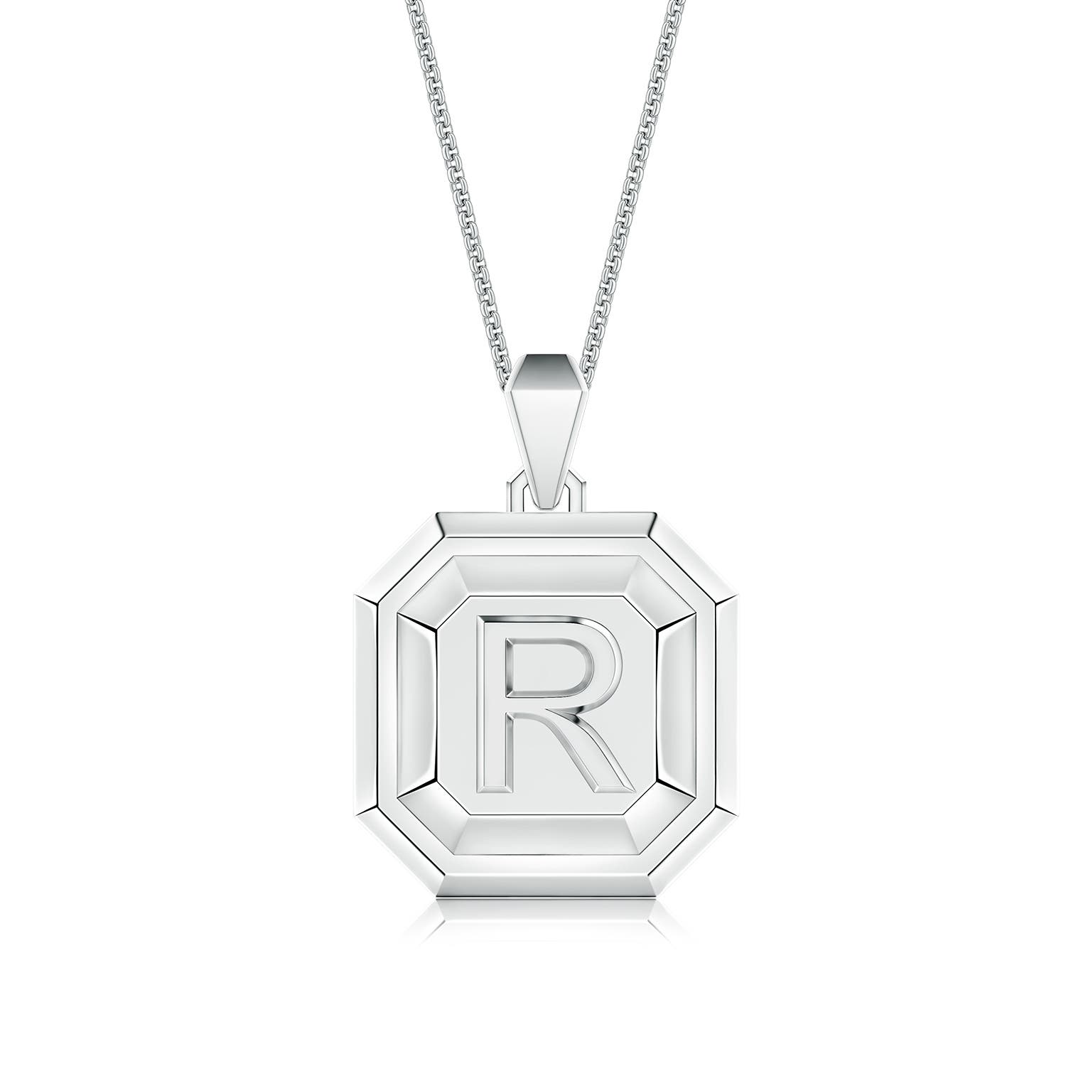 Men's Capital 'R' Octagon Medallion Initial Pendant With Chain in White Gold
