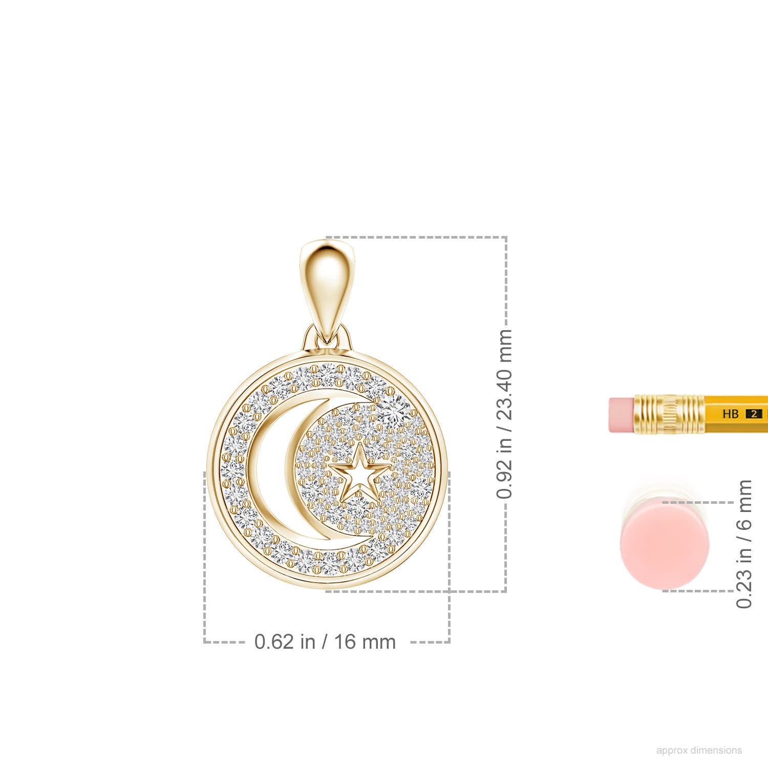 2.3mm HSI2 Pavé-Set Diamond Men’s Crescent Moon and Star Pendant in Yellow Gold - ruler