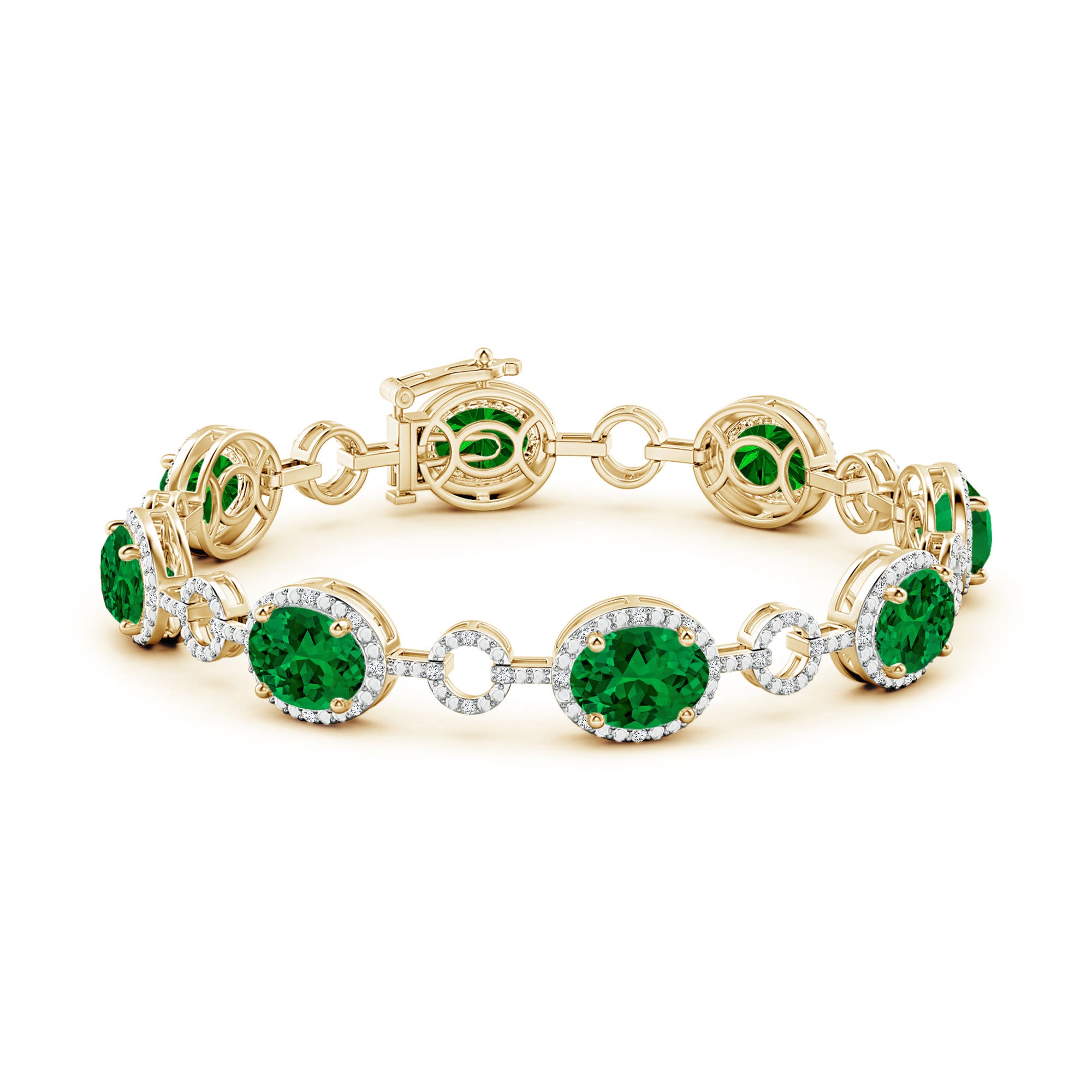 9x7mm Labgrown Lab-Grown Oval Emerald Halo Open Circle Link Bracelet in Yellow Gold - side 1